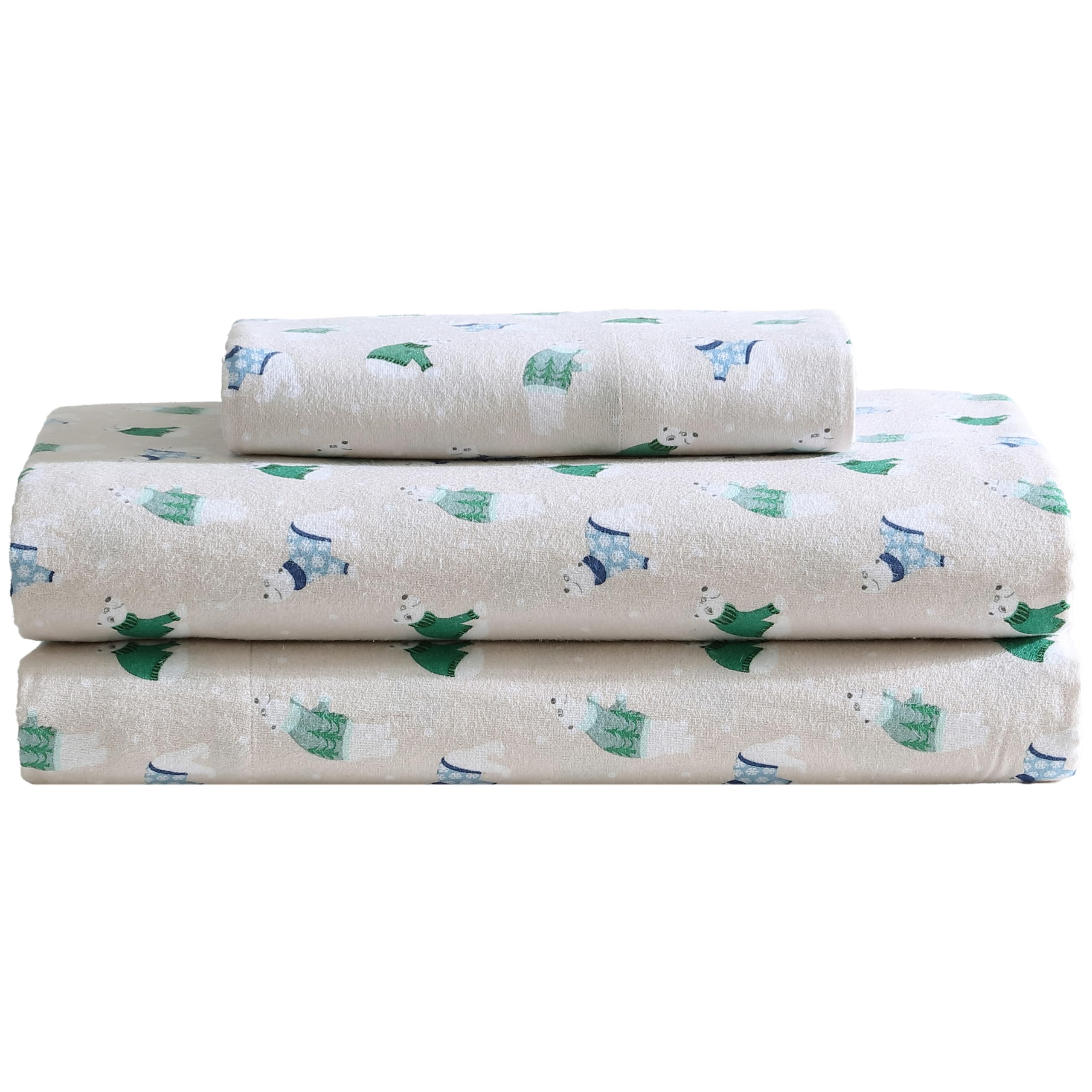 Beatrice Home Fashions 3-Piece Winter Holiday Flannel Sheet Set, Soft, Cozy, 100% Cotton, 15-inch Deep Pockets, Twin, Holiday Bears Light Grey