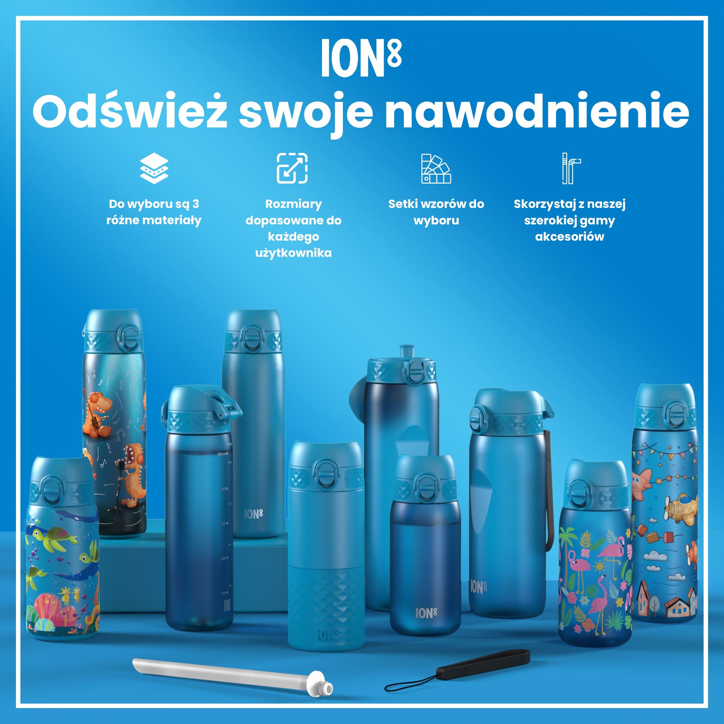 ION8 Butelka Na Wode Ze Słomką, 500 ml/18 oz, Szczelna, Łatwa do Otwarcia, Bezpieczny Zamek, Można Myć w Zmywarce, Bez BPA, Higieniczna Osłona ze Składanym Uchwytem, Łatwa w Czyszczeniu,Niebieski