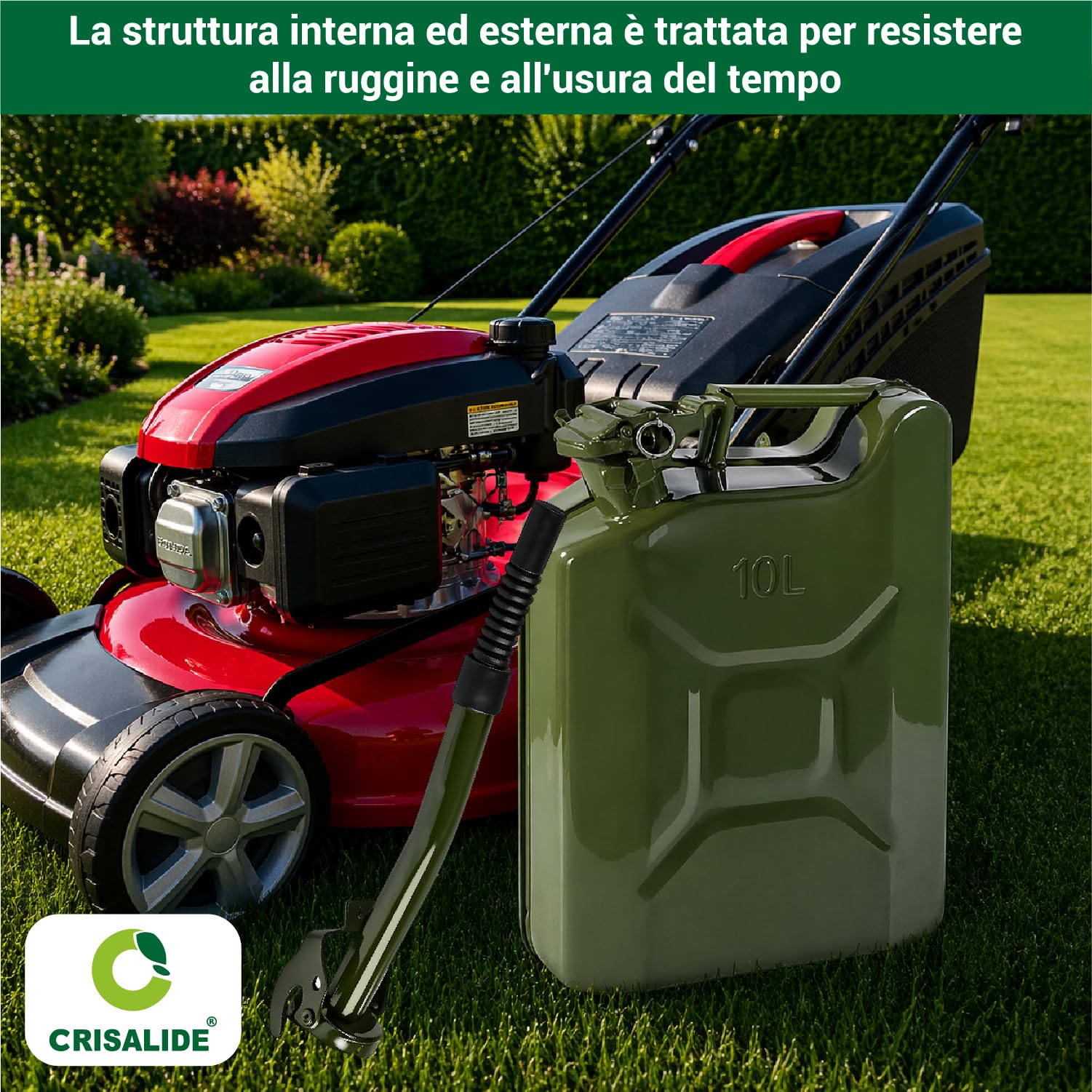 Crisalide® - Bidón de combustible de acero, 5 l, 10 l, 20 l con boquilla de transporte, homologado para transporte de gasolina y gasóleo, antioxidante, cierre hermético, bidón de gasolina de metal (10