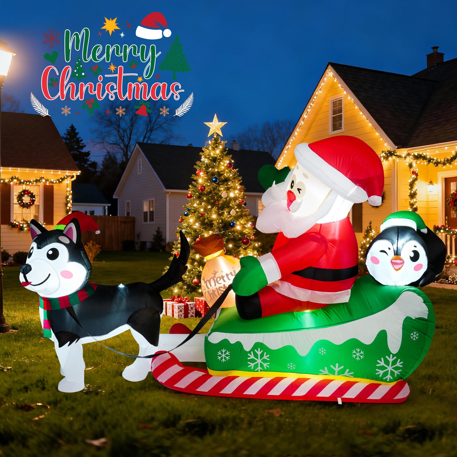 Meland Décoration de Noël gonflable, Père Noël sur le traîneau avec chien avec lumières intégrées