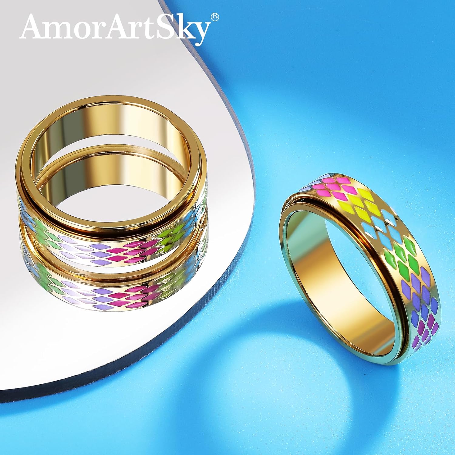 AmorArtSky Checkered Fidget Ring for Adults - 18K Gold Plated Stainless Steel Rotating Spinner Jewelry, Anxiety & Stress Relief Gift for Women/Men (Multicolor Diamond Pattern) - Image 4