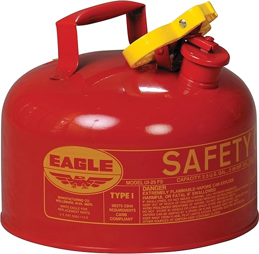 Eagle 2.5 Gallon Type I Red Safety Gas Can for Gasoline with Flame Arrester and Self-Closing Lid, Made in the USA, Galvanized Steel Flammable Storage Can, UI25S