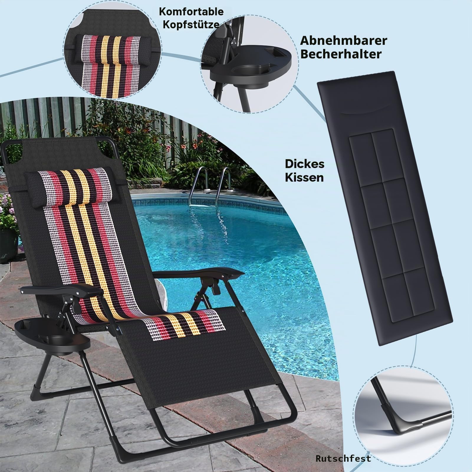 Liegestuhl Klappbar, Sonnenliege mit Verstellbarem Kopfpolster & RüCkenlehne, Strandliege Faltbar mit GeträNkehalter, Gartenliege Schwerelosigkeit StüHle Relaxliege, für Patio-Terrasse-Garten-Pool