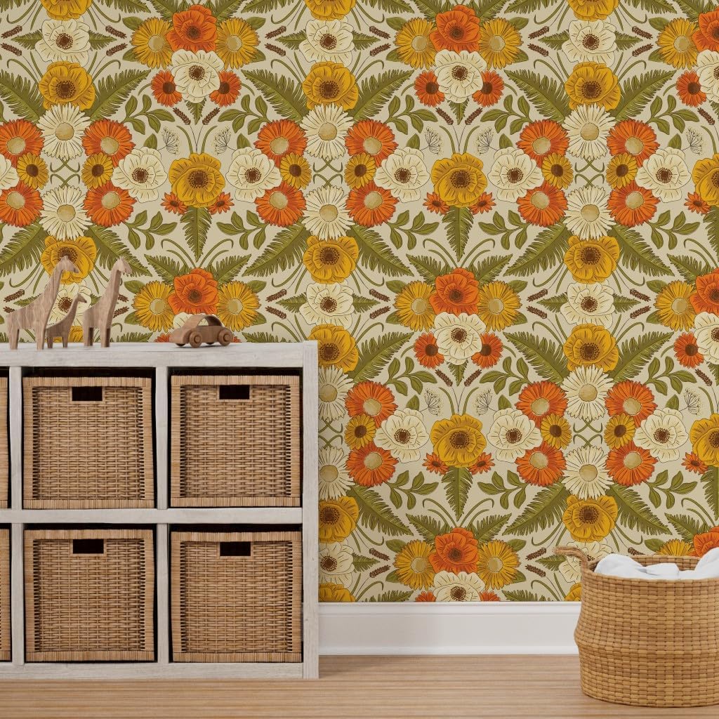 Spoonflower Removable Wallpaper 3ft x 2ft - Retro Floral Vintage Flowers Fashion Custom Pre-Pasted Wallpaper