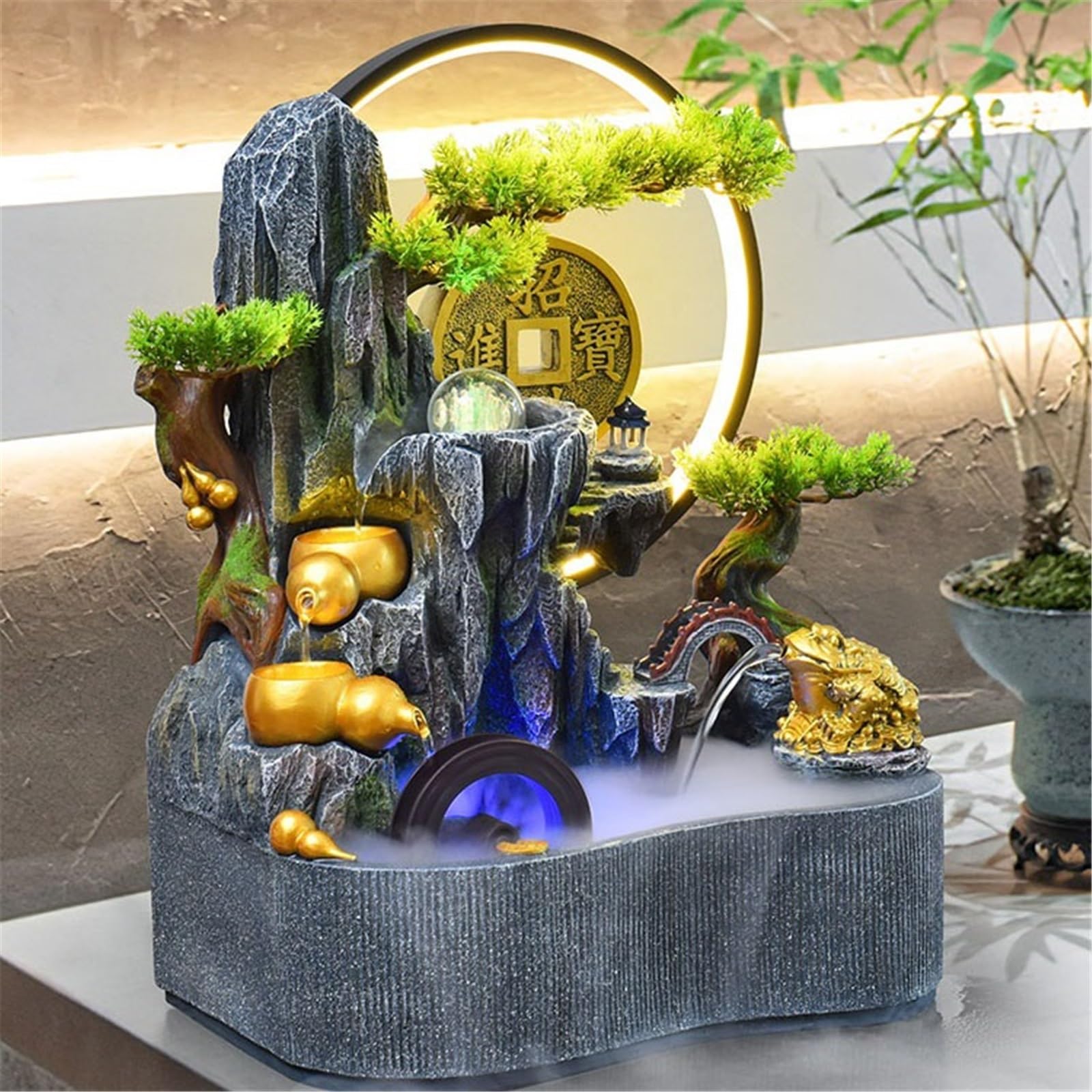 Fuente de Interior Fuentes de Agua for Interiores, Cascada con Rocas, Plantas, Fuente Escritorio for Relajarse Fuente de Mesa(Pequeño)