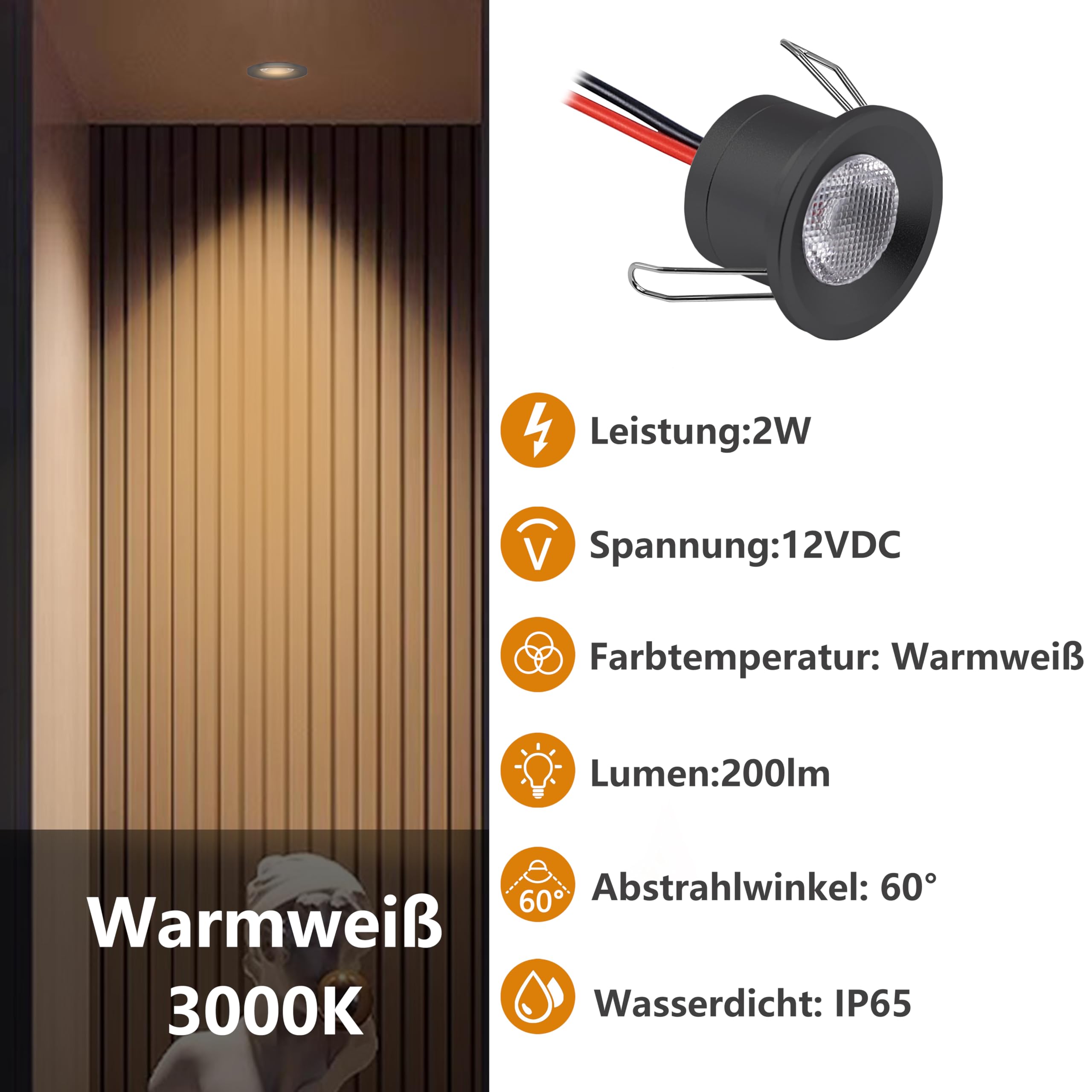Foco LED empotrable, 2W 12V Focos de techo, IP65 ojos de buey led para techo, mini Foco LED, agujero Φ25-28mm, foco empotrable para cocina, salón carport,Pack 6