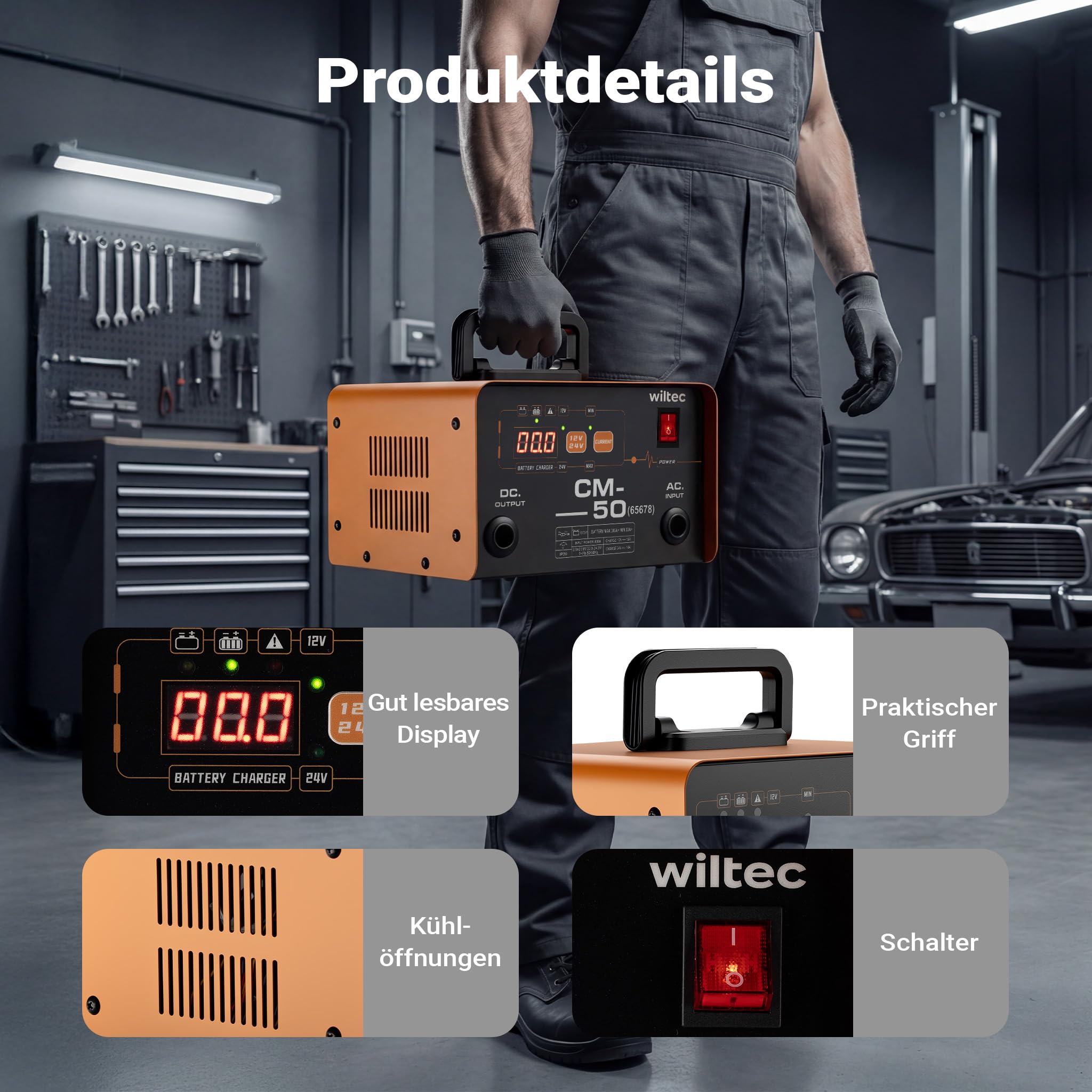 Wiltec Ladegerät 12-24 V, 16 Ah, 30-300 Ah für Autobatterie Kfz und Motorrad Starthilfe 490 W, intelligenter Lader mit LCD-Display und Tragegriff