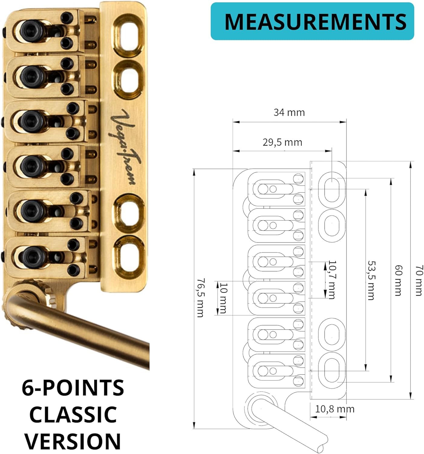 Vega-Trem VT1 Ultra-Trem Standard 6-Screw Stratocaster Guitar Tremolo Bridge For Strat No Mods Easy Installation (Gold, Right)