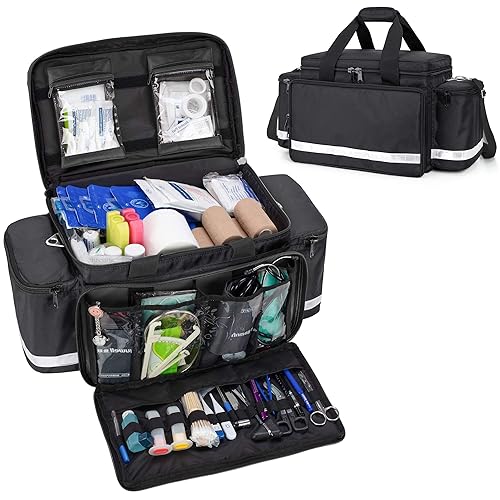 Trunab Large Emergency Responder Trauma Bag Empty, Professional First Aid Kits Storage Medical Bag with Inner Dividers and Anti-Scratch Bottom, Ideal for EMT, EMS, Black, Bag ONLY (Patented Design) - Black