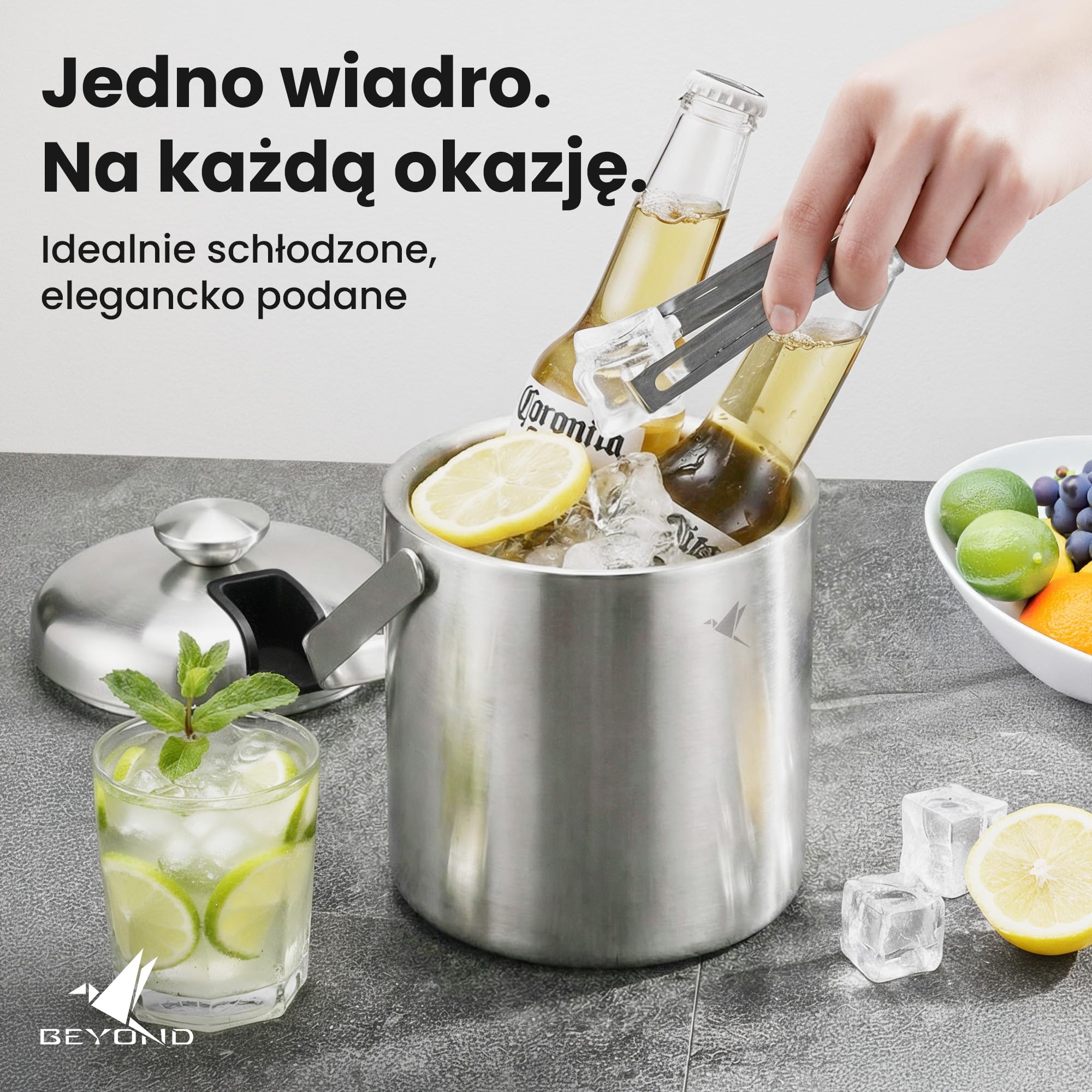 Beyond Pojemnik na Kostki Lodu z Pokrywką i Szczypcami ze Stali Nierdzewnej BPA-free – Chłodziarka do Lodu z Podwójnymi Ściankami, 1,3 Litra Kostek Lodu, Wiaderko na Lód, Kubełek na Lód – Srebrny