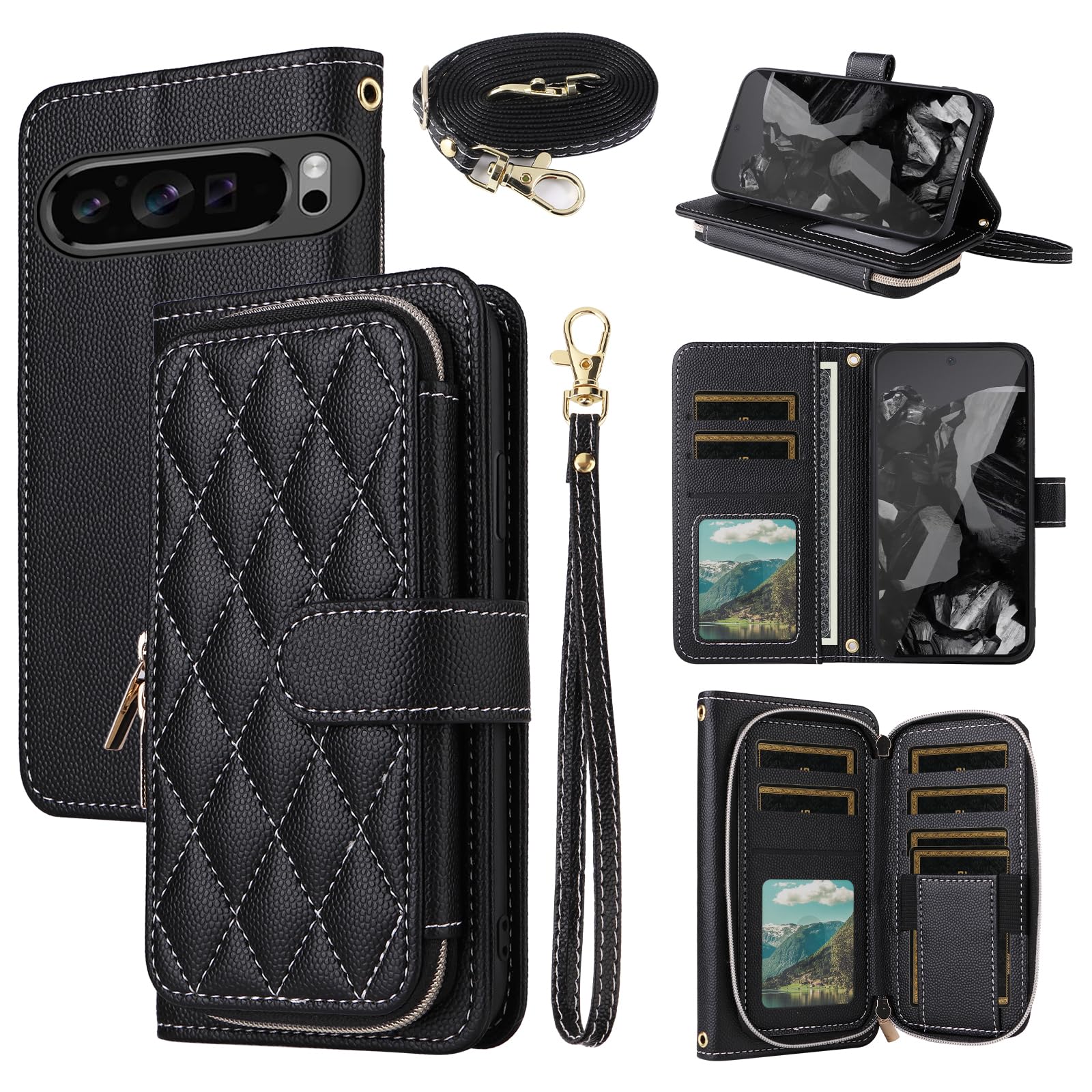 Dswteny Argyle Wallet Case for Google Pixel 9/9 Pro 5G with Wrist Strap Shoulder Strap, PU Leather Flip Credit Card Holder Stand Accessories Cell