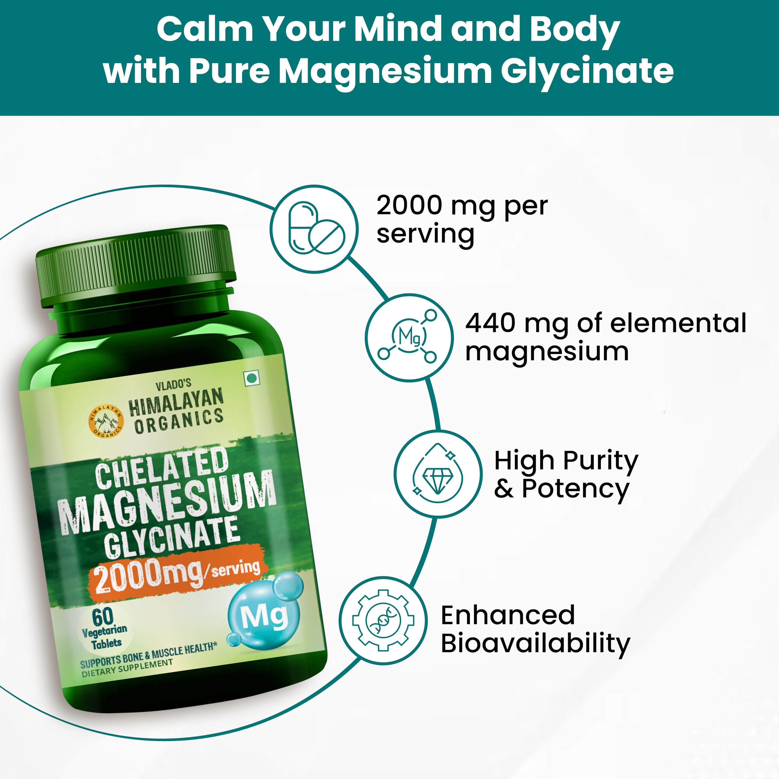 Vlado's Himalayan Organics Chelated Magnesium Glycinate Supplement 2000mg Per Serving | Magnesium Supplement Supports | Clinically Approven | Muscle Recovery & Better Sleep - 60 Veg Tablets 1