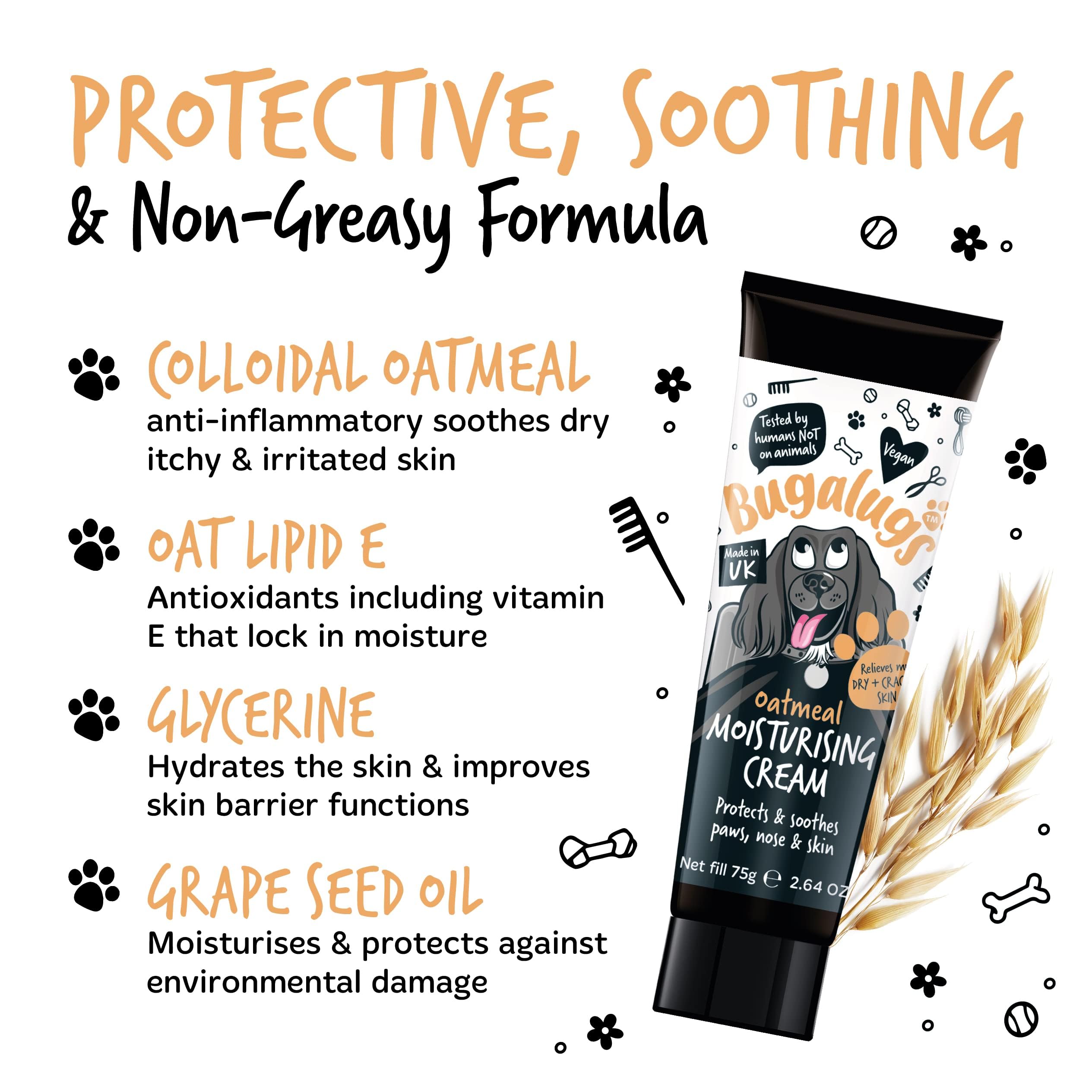 BUGALUGS - Bálsamo de Patas y Nariz con Avena Calmante - Perros y Gatos - 75g - Protección Natural, Hidratación Intensiva y Alivio para Almohadillas y Narices Secas, Agrietadas o Irritadas