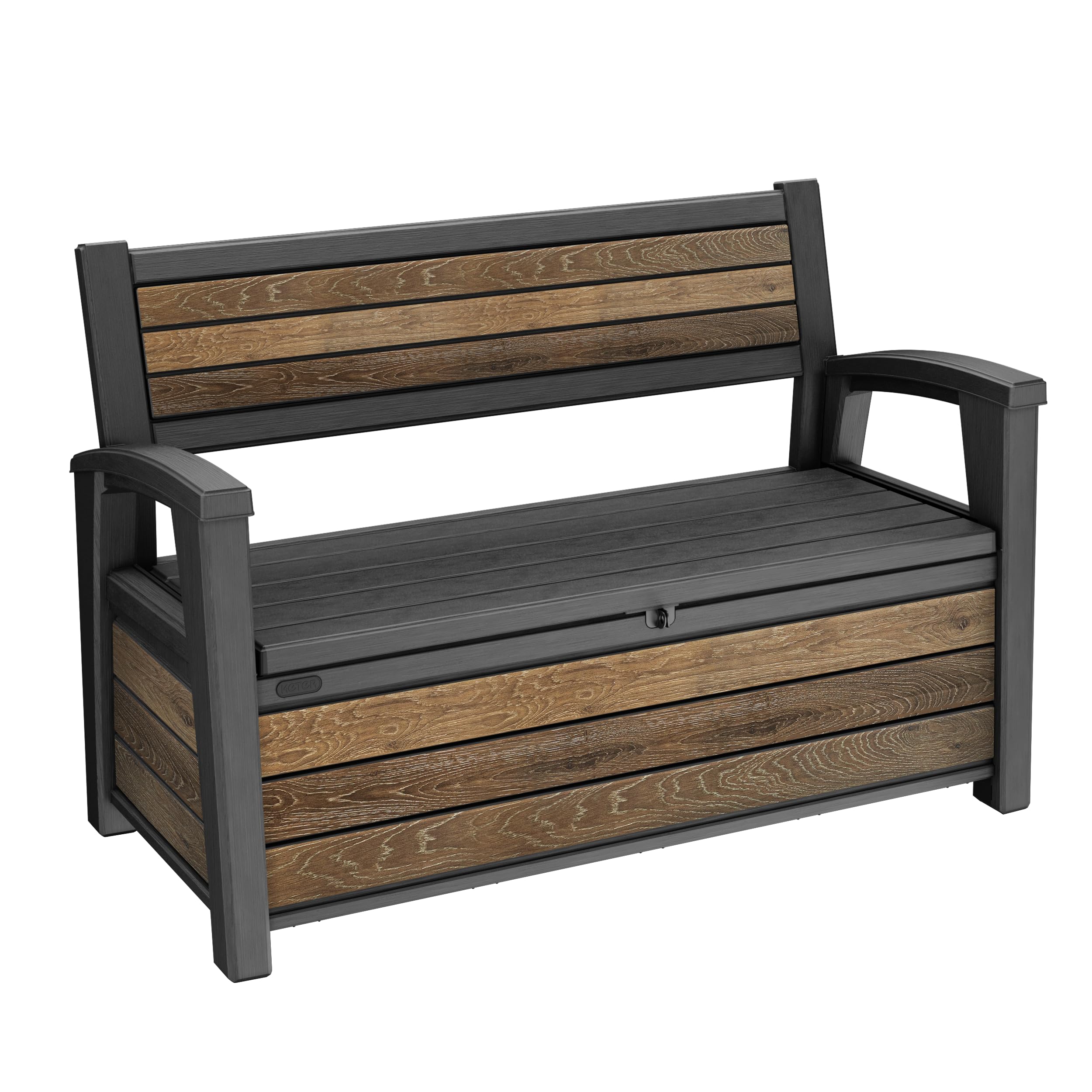 Keter Gartenbank mit Stauraum 227 l | Holzoptik Walnuss, wetterbeständig, Sitzbank für 2 Personen, abschließbar, 133x61x89cm