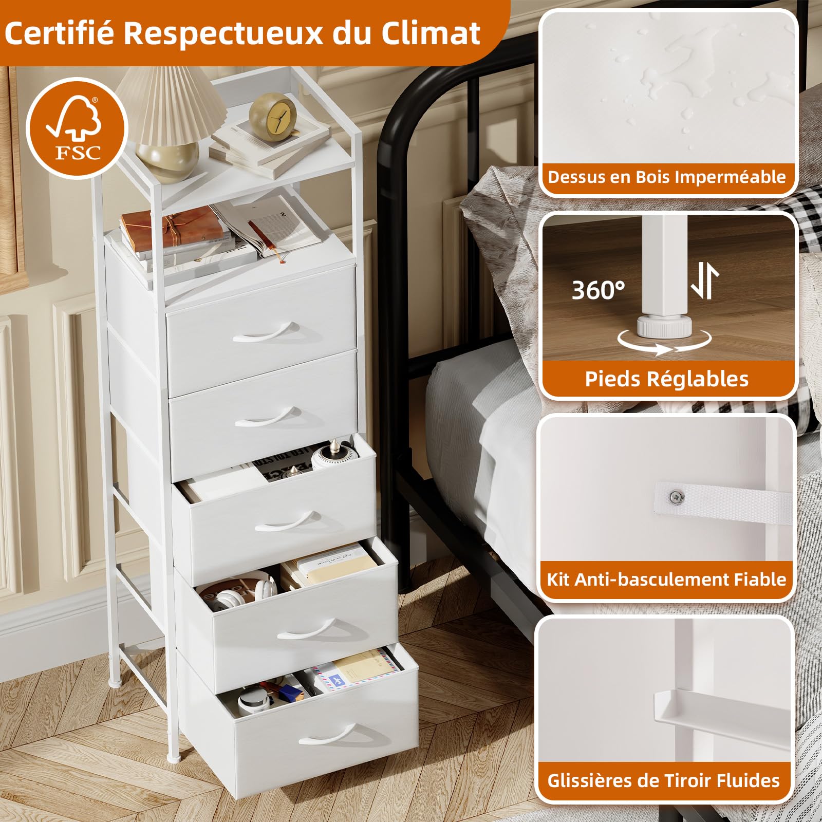 Somdot Commode Chambre, Meuble de Rangement Haute en Tissu avec Cadre en Acier, Chiffonnier pour Adult Salon Couloir Entrée Placard, 29P x 38,7l x 107H (5 Tiroirs), Blanc