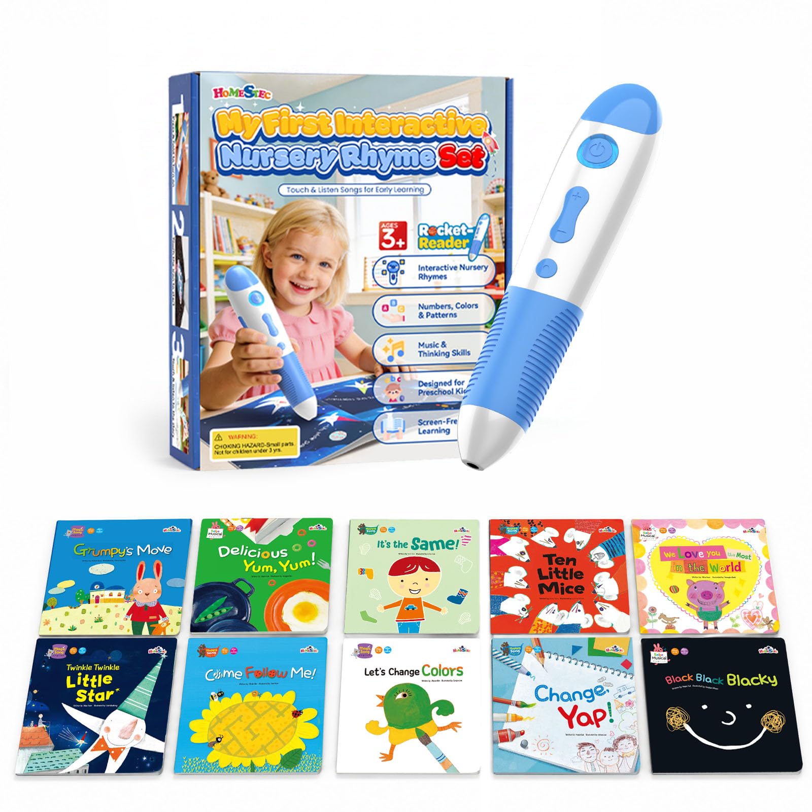 Penna educativa interattiva con 10 libri di canzoni inglesi, penna per bambini da 2 a 5 anni, giocattolo educativo audio, promuovere la voce, ricaricabile (USB-C)