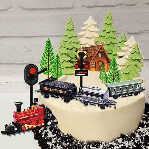 Miniatura 5 de MEMOVAN Decoración para tartas de tren, 13 piezas, decoración para tartas de tren en miniatura, trenes en miniatura, juguetes, tráfico, pista