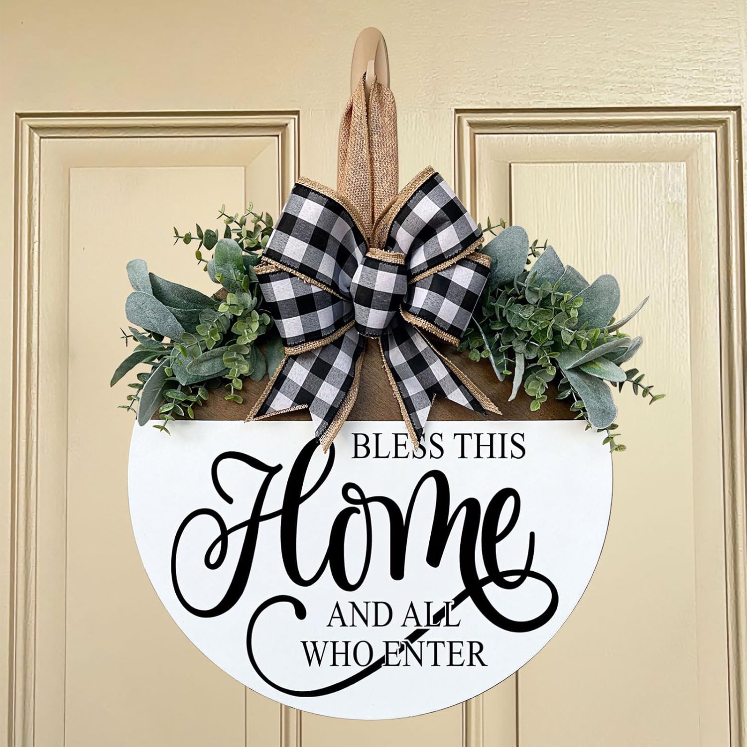 Bless This Home Welcome Sign for Front Door, Rustic Wood Wall Decor Porch Wreaths Hanging Door Decorations for Home Outdoor for Spring Summer Fall All Seasons Holiday