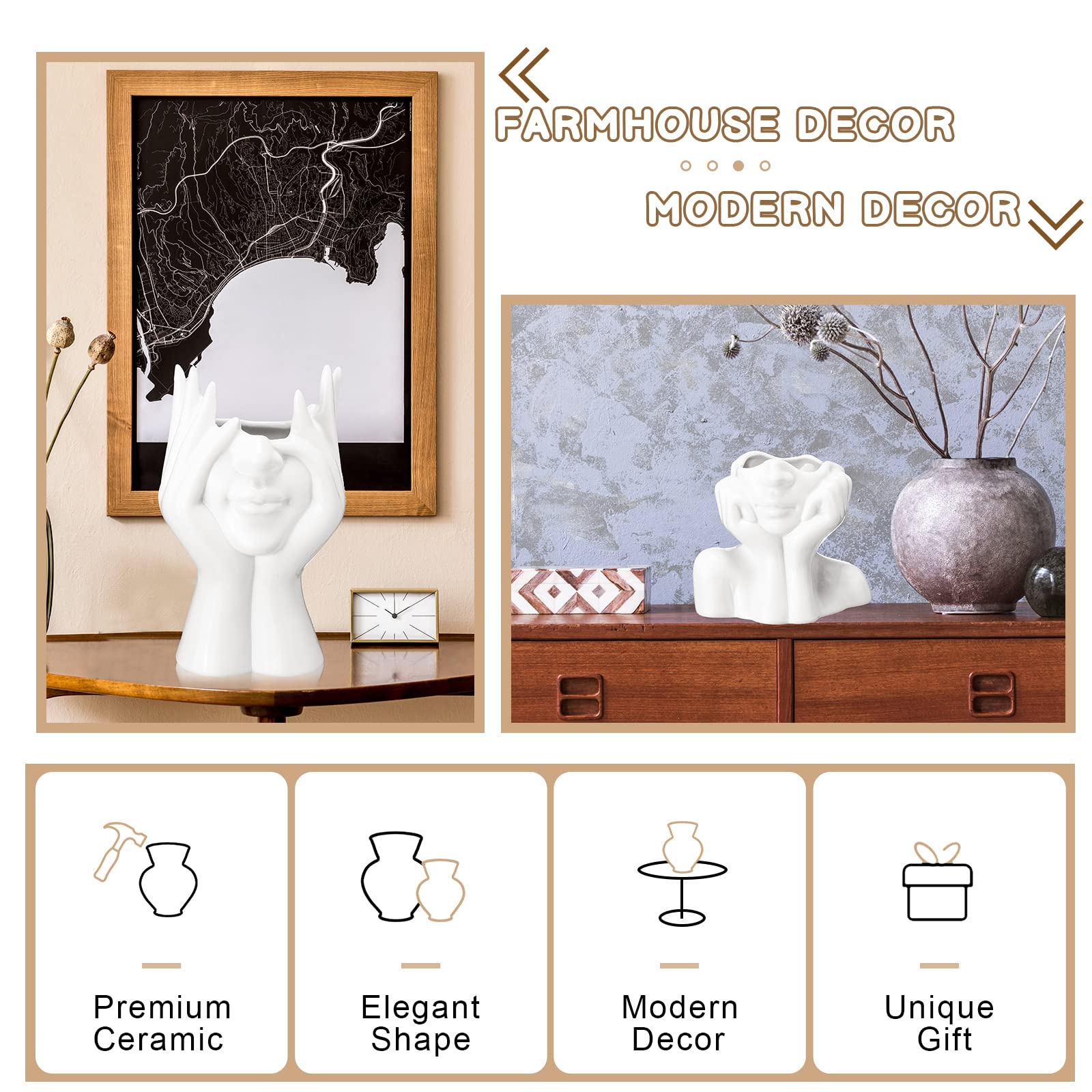 Jarrón de cerámica para la cara, 3 piezas, forma femenina, florero moderno para decoración con cabeza, medio busto, centro de mesa para estante de mesa, hogar, dormitorio, oficina (S, blanco) 3