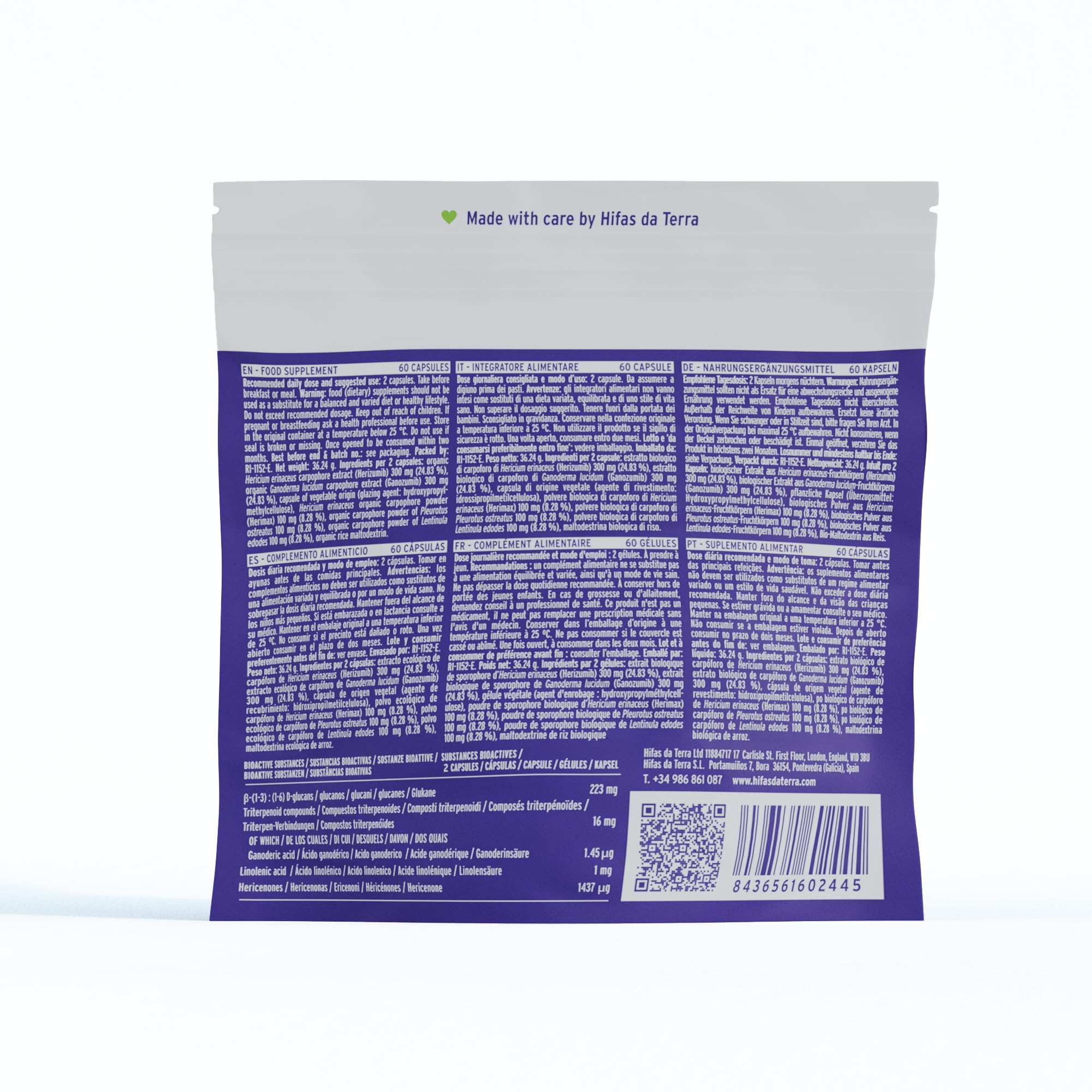 HIFAS DA TERRA - HIFAS-Microbiota Extractos de Hongos Puros de Reishi, Melena de León, Pleurotus y Shiitake para el Bienestar Digestivo, con Efecto Prebiótico - Refill 60 Cápsulas