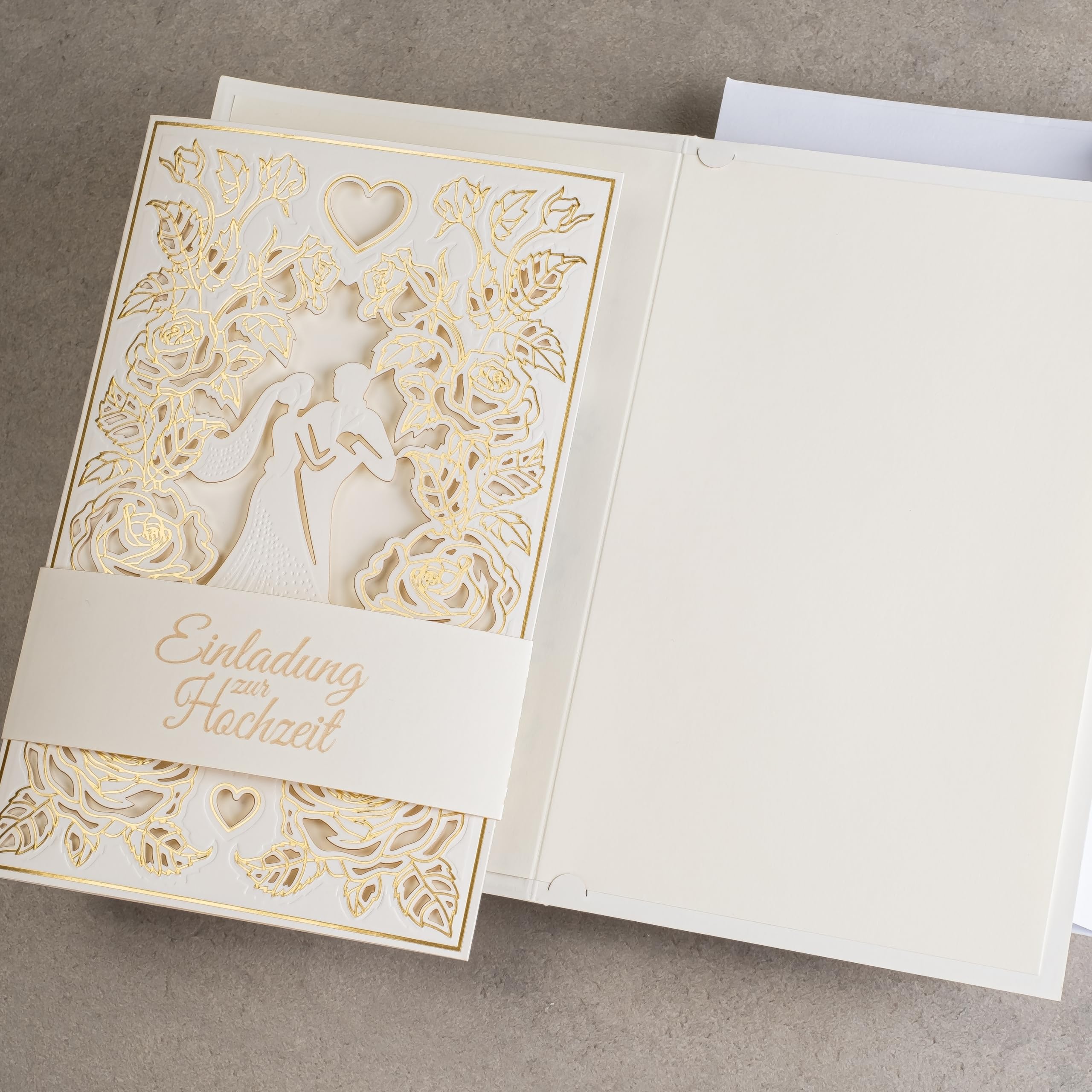 20 invitaciones de boda de 130 x 205 mm, con inserciones y sobres imprimibles para boda, corte láser, acabado con lámina dorada. Patrón prensado con inscripciones grabadas ZAP_DE_09