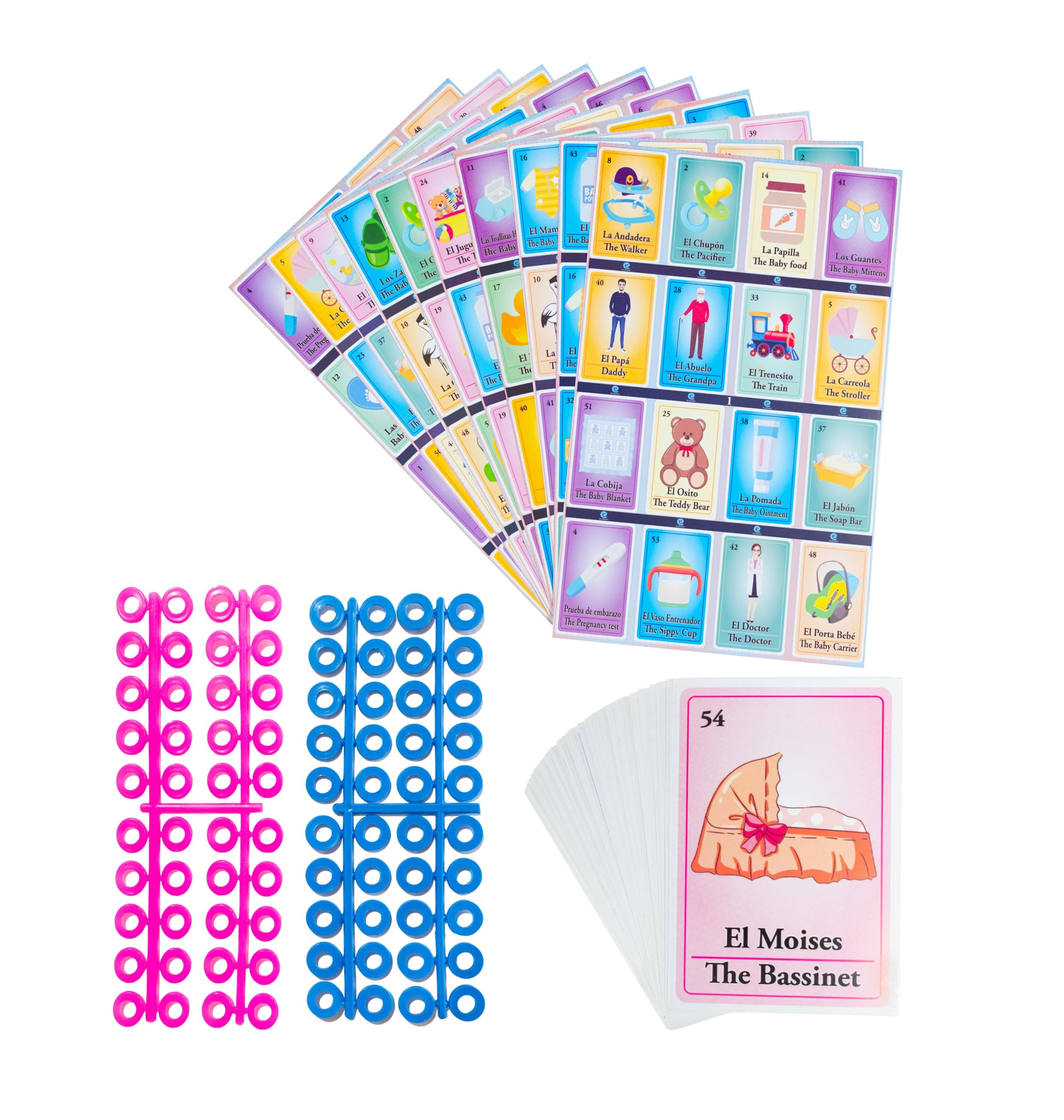 Baby Shower Bingo Kit - Bilingual English Spanish, for 10 Players - Includes 1 Deck of Cards and 10 Boards - for The Entire Family - Great for Learning Spanish