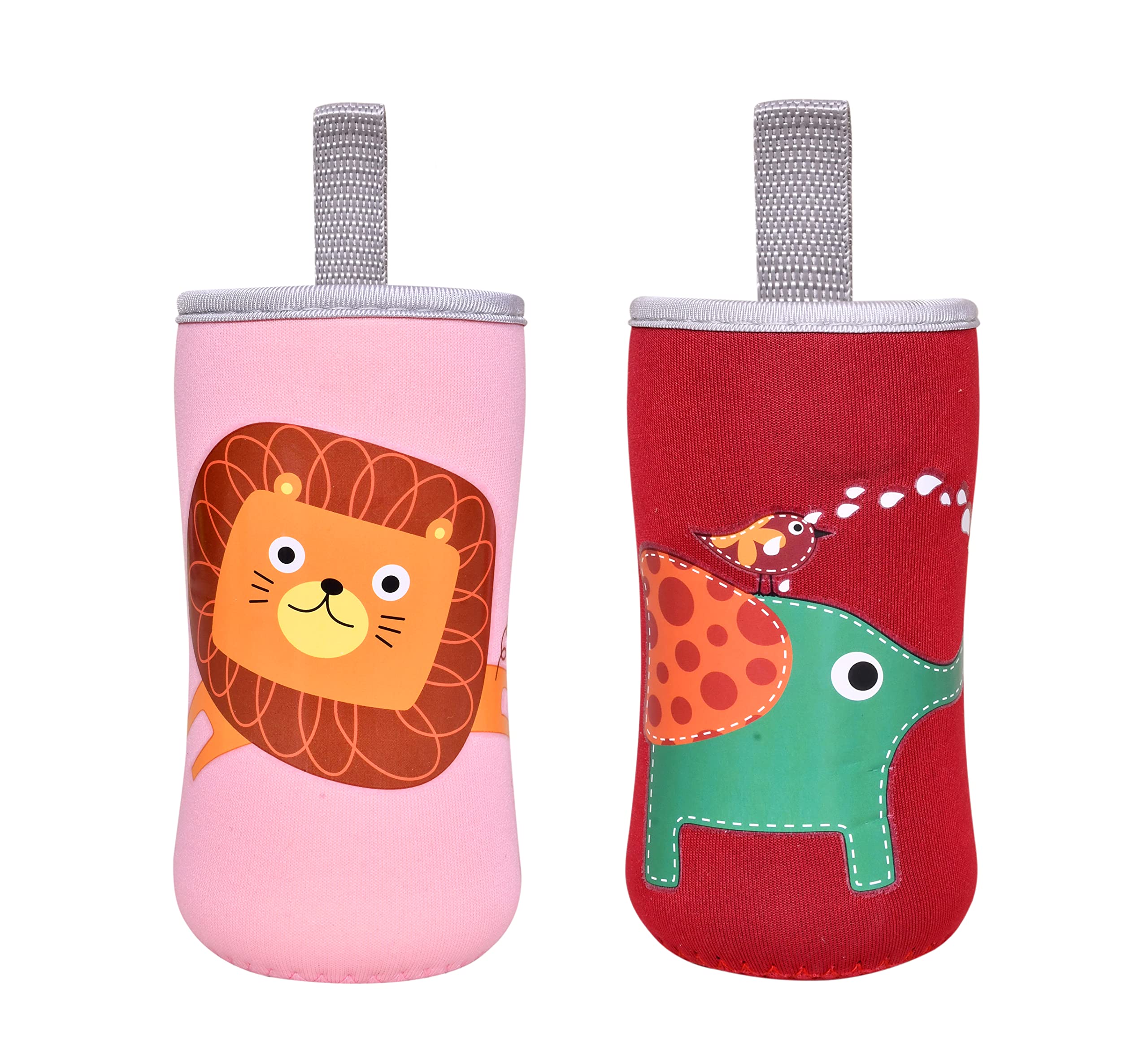 THE LITTLE LOOKERS Baby Feeding Bottle Covers Cute Animated Patterned & Soft Stretchable with Easy to Hold Strap for 120ml, 150ml, 240ml (Lion & Elephant, Pack of 2)
