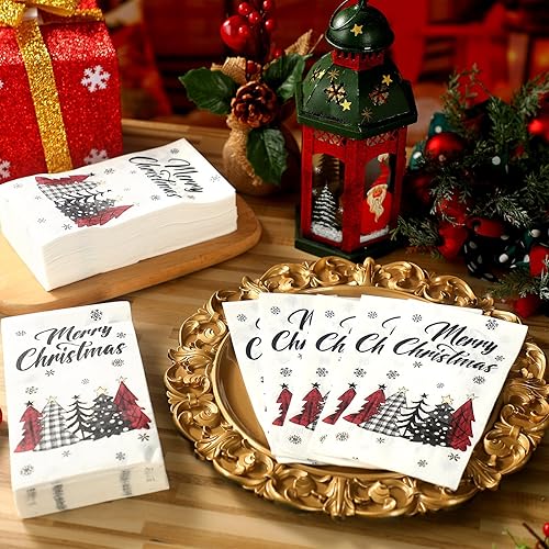 Miniatura 6 de Cholemy 200 servilletas de papel desechables de Navidad de 2 capas de árbol de Navidad, diseño de bolas de Navidad, servilletas de mano para