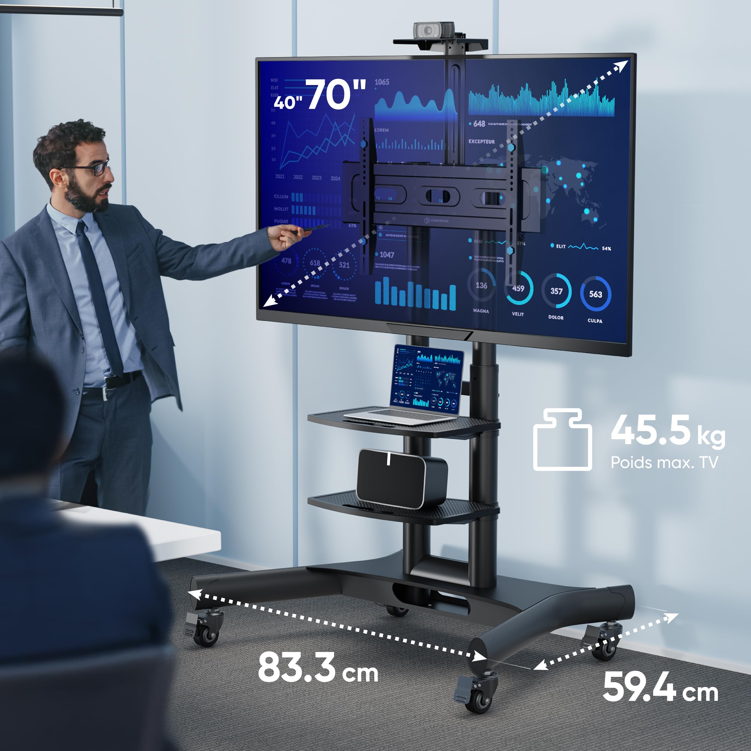 ONKRON Support TV roulettes pour 40-70 Pouces, Support Television Professionnel Poids de 60,5 kg, Chariot Télé Mobile Max VESA 600x400, Support TV sur Pied avec roulettes Noir TS1552-B