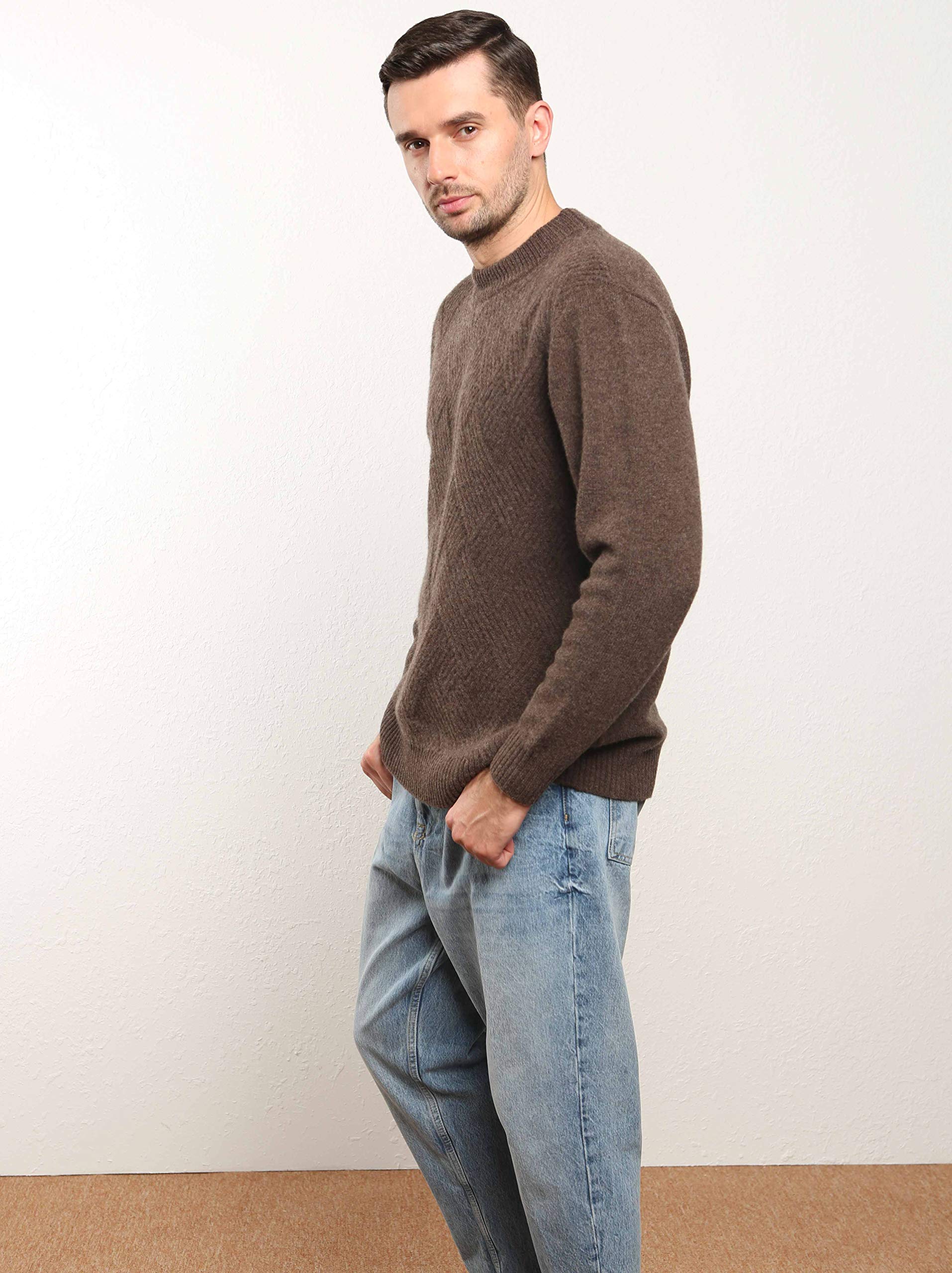 Jersey 100% Merino para Hombre Suéter de Punto Trenzado con Cuello Redondo y Manga Larga Casual Lana de Invierno