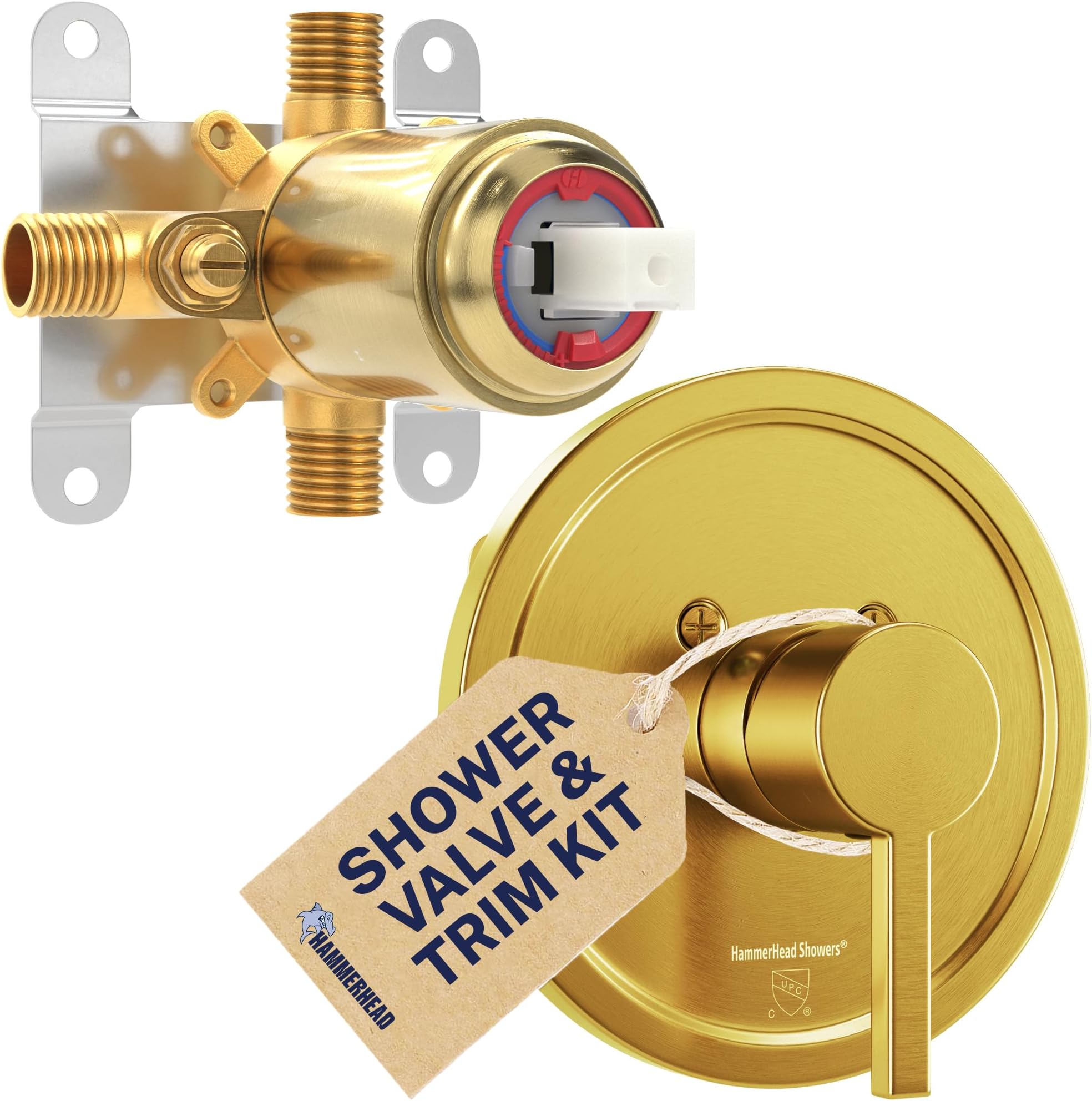 HammerHead Showers Solid Metal Single-Handle Trim Kit with Rough-In Shower Valve, Volume and Temperature Control, Pressure Balance, Brushed Gold