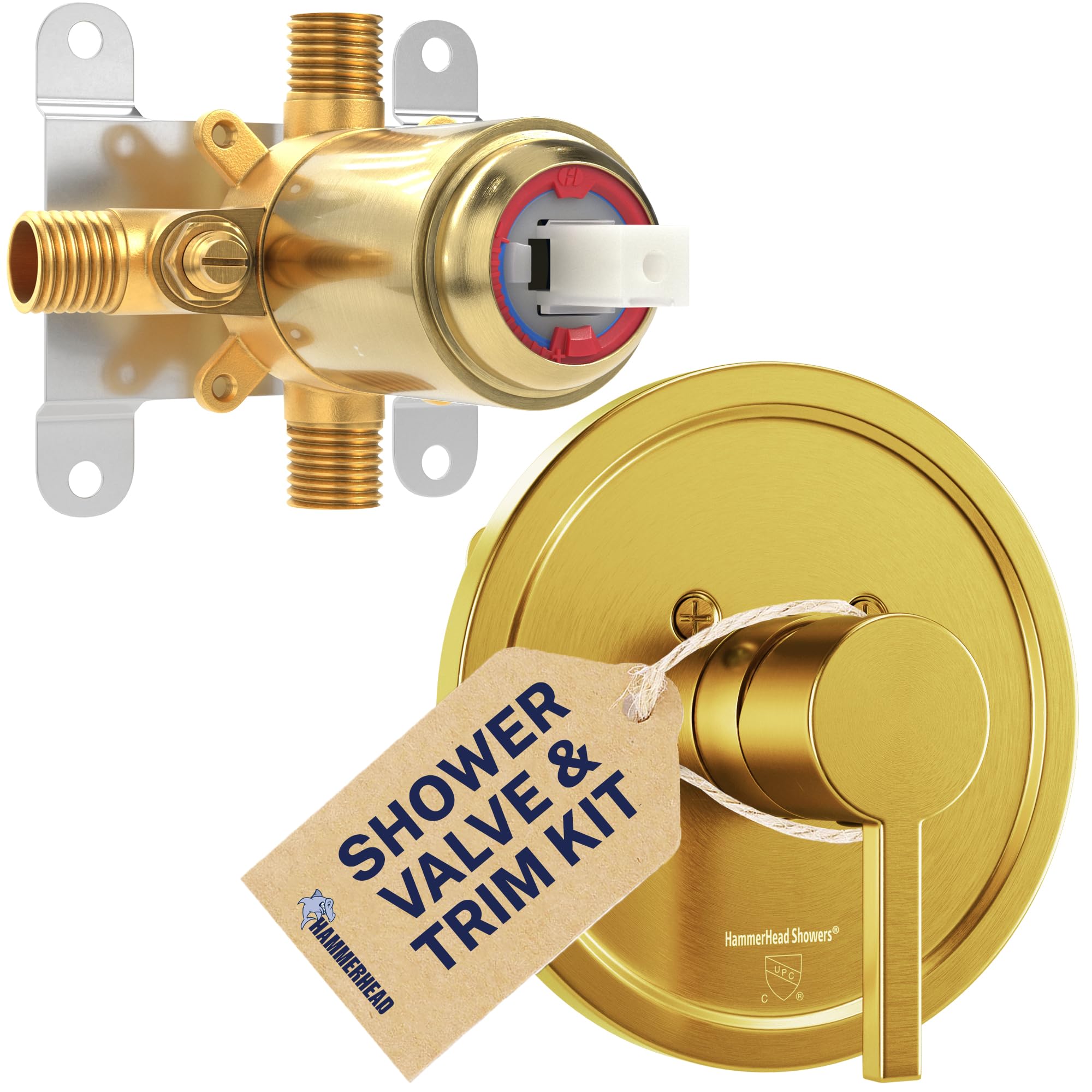 HammerHead Showers Solid Metal Single-Handle Trim Kit with Rough-In Shower Valve, Volume and Temperature Control, Pressure Balance, Brushed Gold