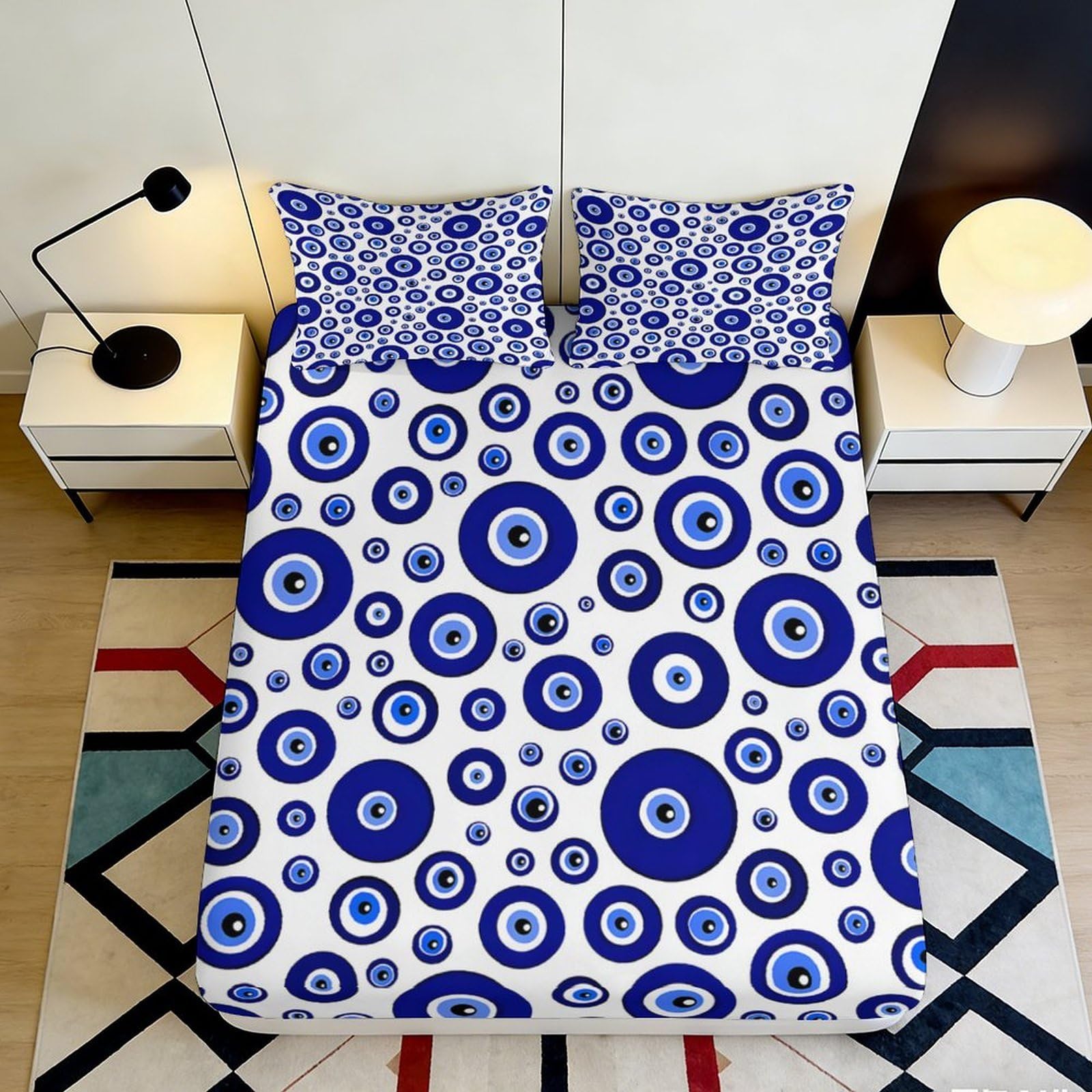 3D Printed Evil Eye Blue Circle Fitted Sheet Microfiber Soft Bed Cover Bedroom Dorm Mattress Decor Protection 90x200x25cm