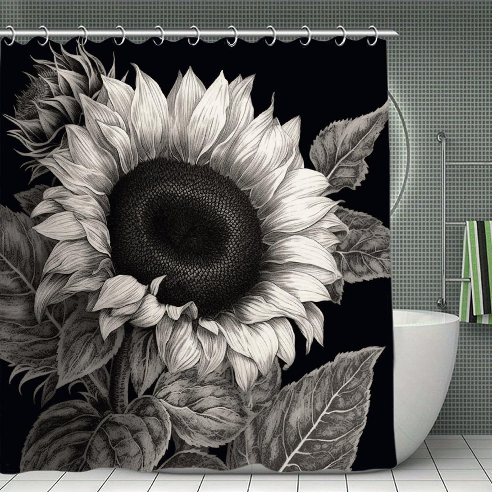 VstaDank Sunflower Black Grey Shower Curtain Waterproof Bathroom Shower Curtain with C Type Hooks Soft Lightweight Shower Curtains Liner Washable Polyester Cloth Shower Liner 71x71 Inch