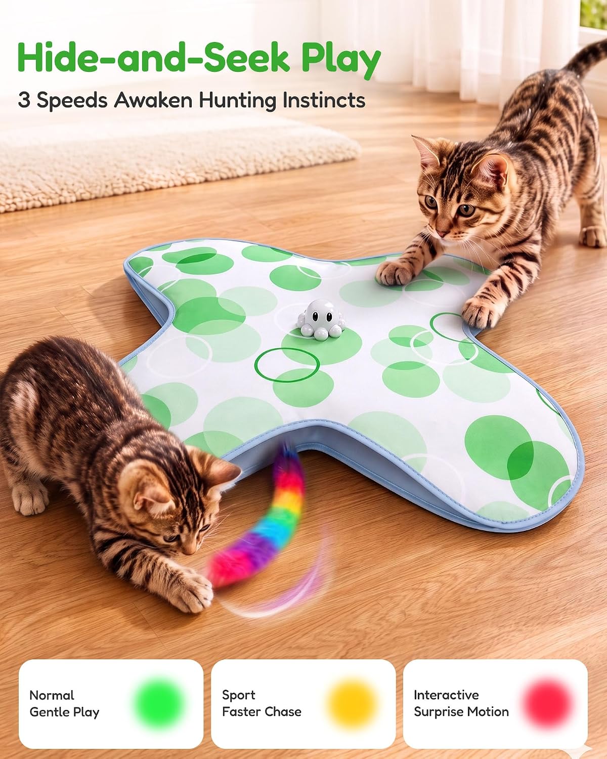 PetsBusy Automatic Hide &Seek Interactive Cat Toys for Indoor Cats,[Week-Long Big Battery] Rechargeable Smart Touch-Activated Kitten Toy with Moving Rainbow Tail for Bored Adult Cats, thumbnail