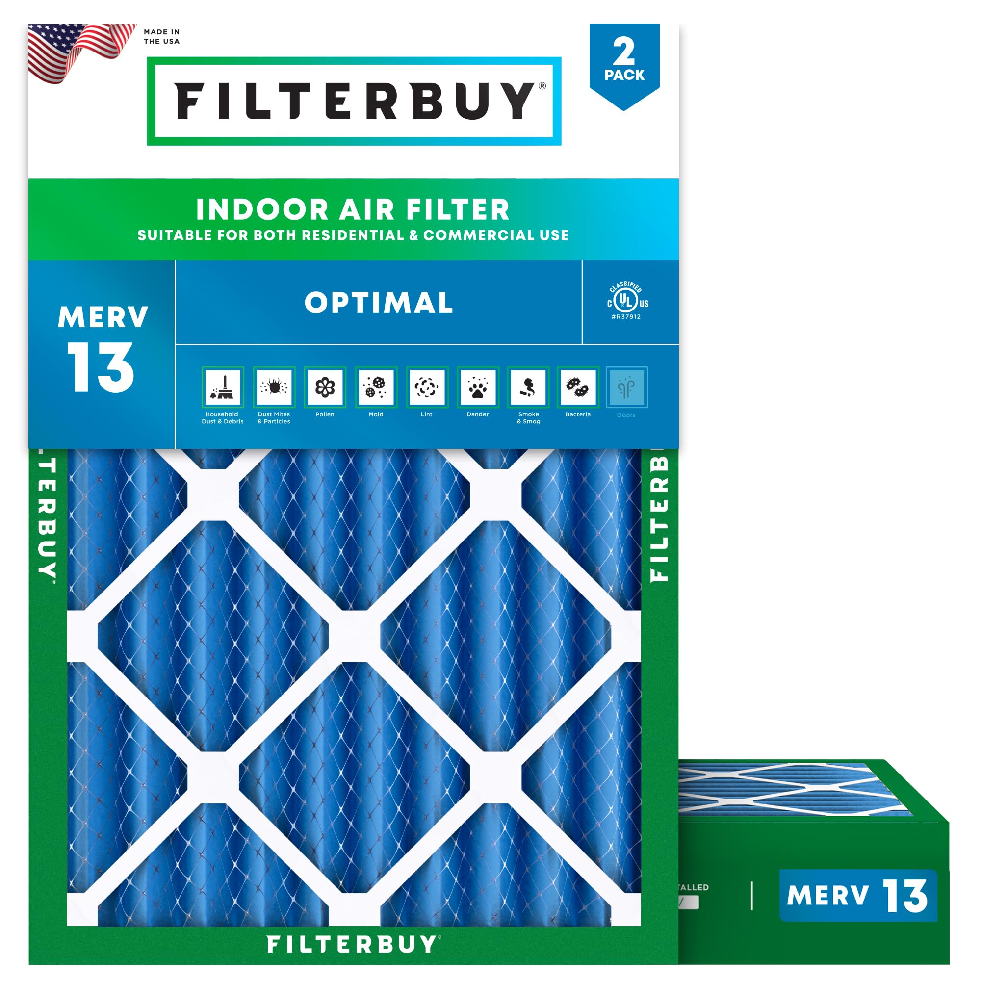 Filterbuy MERV 13 - Filtro de aire de 12 x 16 x 4 pulgadas, defensa óptima contra el humo y las alergias (paquete de 2), repuesto de filtros de aire acondicionado y aire acondicionado plisados
