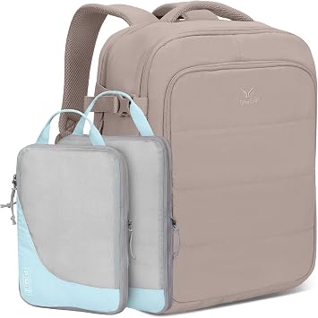 Hynes Eagle Travel Backpack for Women Puffer Flight Approved Carry On Backpack 16 inch Laptop Personal Item Weekender Bag 30L Beige with Compression Packing Cubes Set 2PCS Light Blue