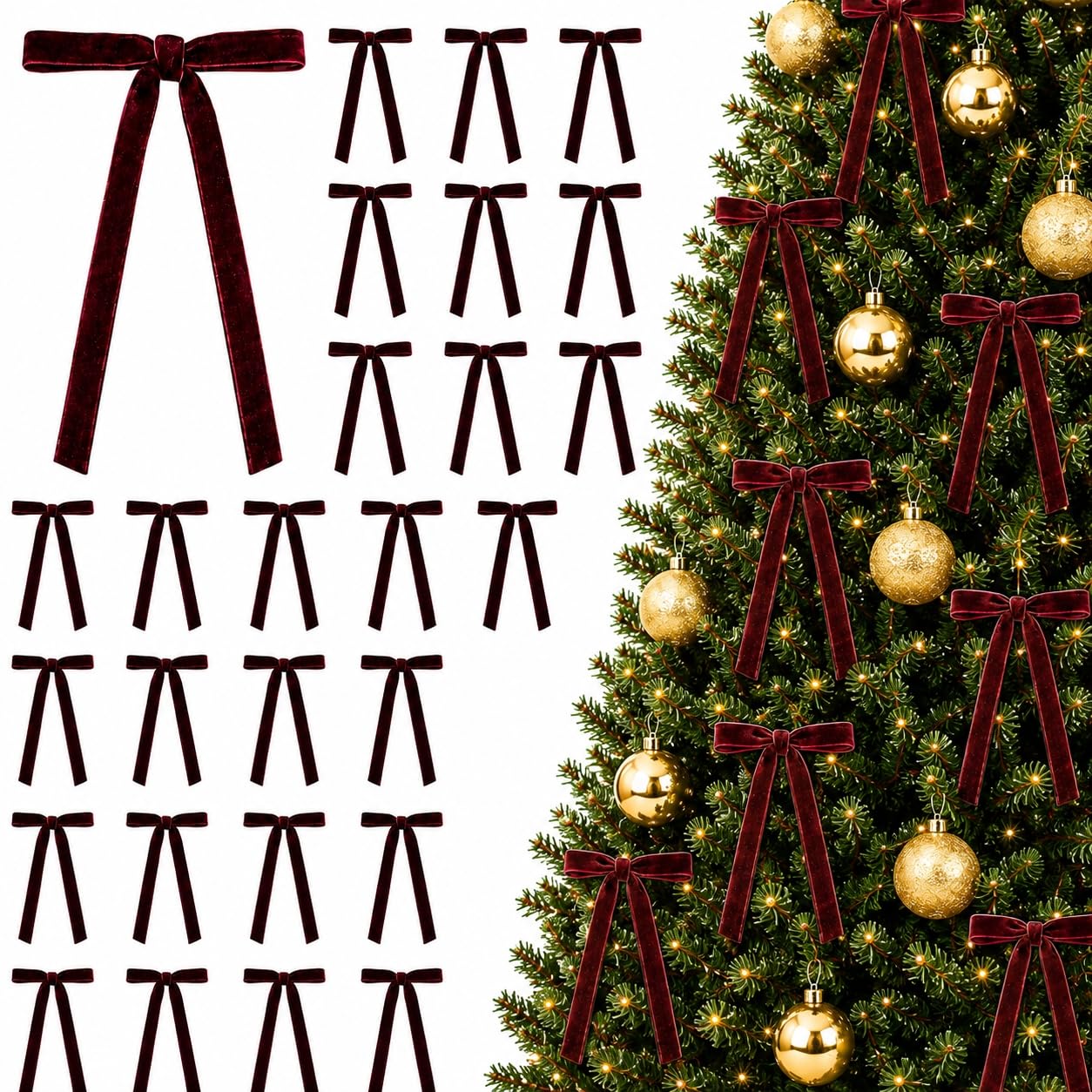 30PCS Burgundy Bows for Christmas Tree, Velvet Bows with Twist Ties 5 x 7in