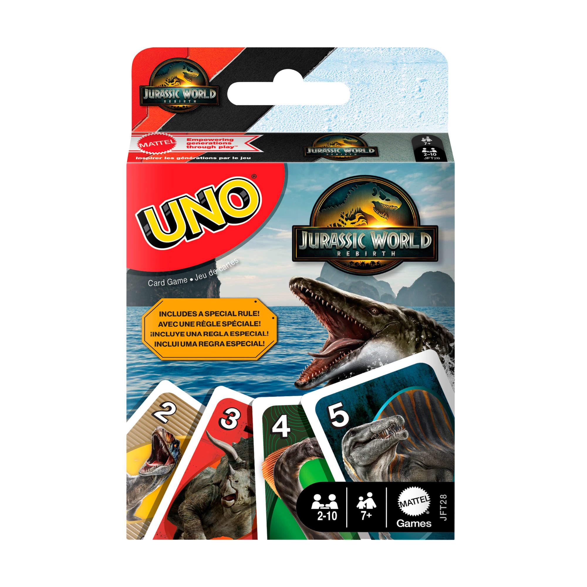 Mattel Games UNO Jurassic World: Die Wiedergeburt Kartenspiel für Kinder, Familien und Erwachsene, Kartenspiel mit Sonderregeln und vom Film inspirierten Bildern, JFT28
