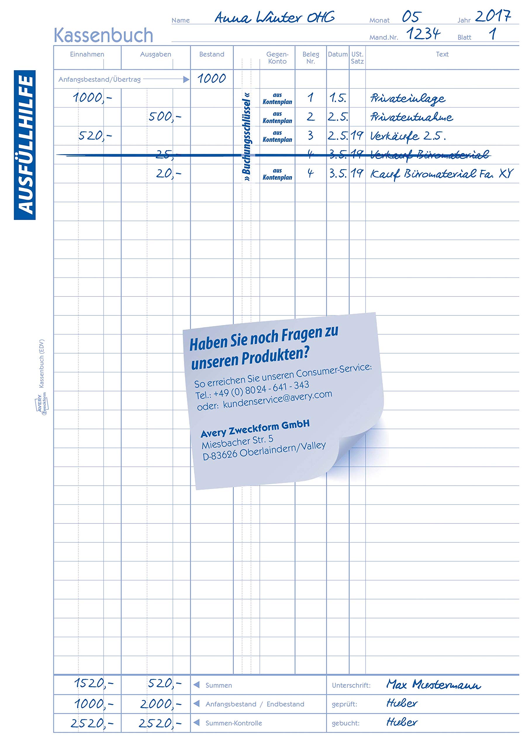AVERY Zweckform 1756-5 Kassenbuch (A4, 2x40 Blatt, selbstdurchschreibend, nach Steuerschiene 300, EDV-gerechte Datenerfassung, von Rechtsexperten geprüft, für DE, ordnungsgemäße Buchführung) 5er-Pack