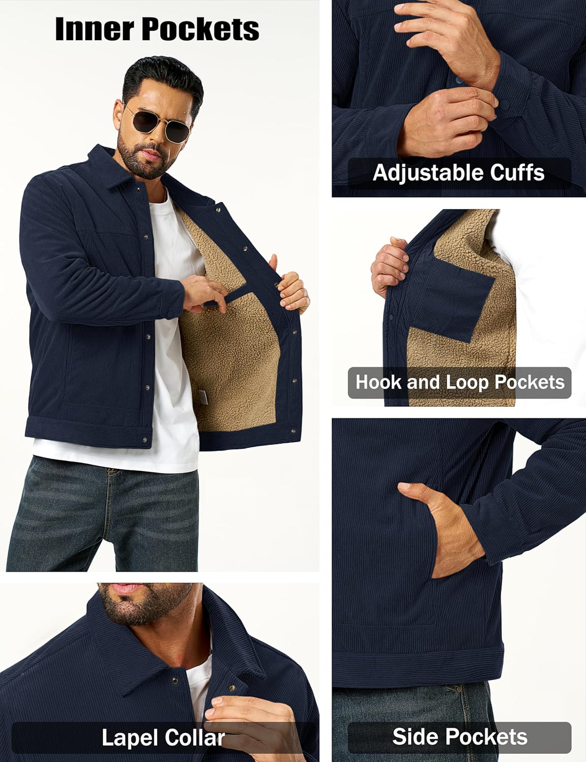 TACVASEN Men's Winter Jacket Corduroy Warm Fleece Sherpa Lined Jacket Casual Lapel Work Trucker Coat with Multi Pockets - Image 4