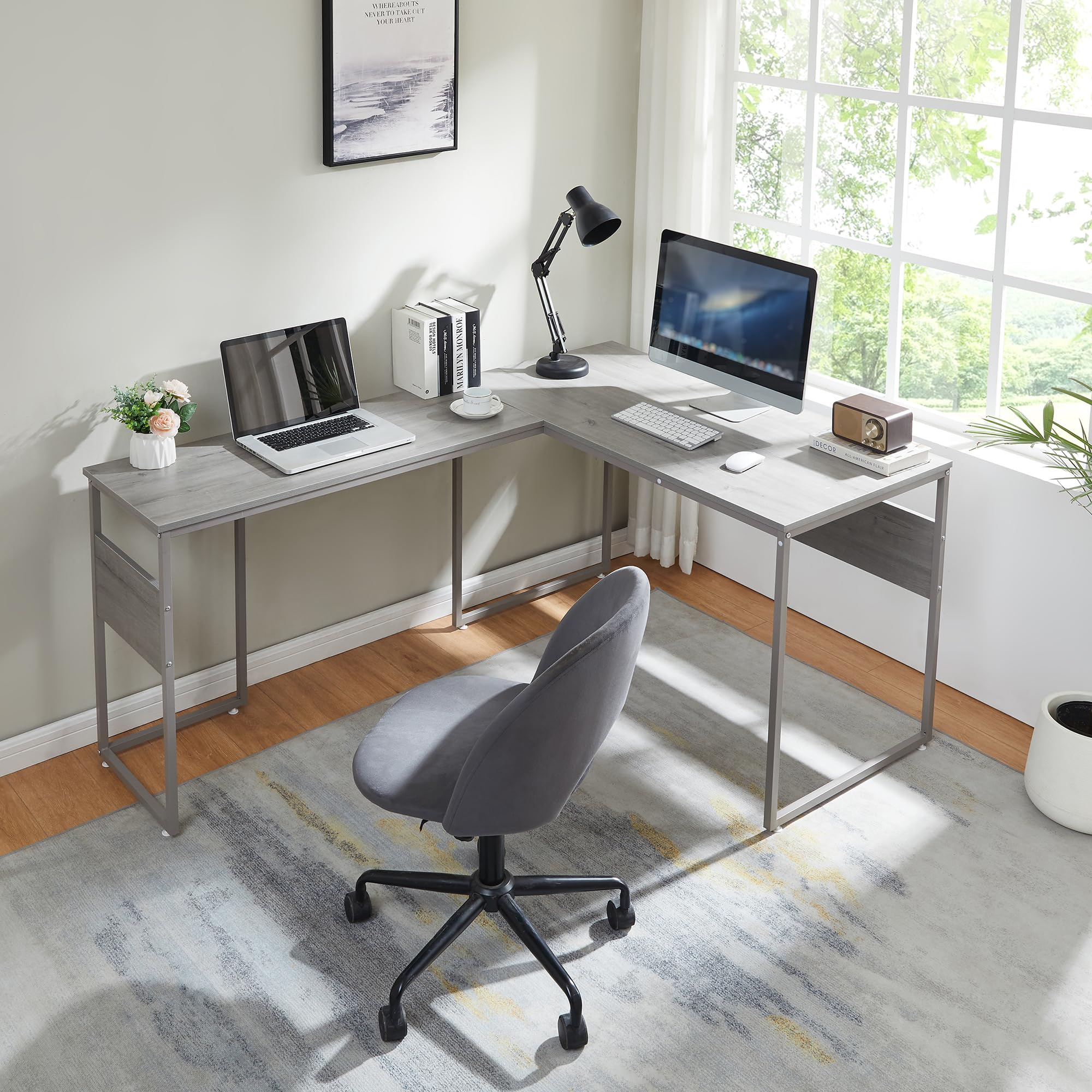 [en.casa] Mesa Escritorio en Forma de L Karlstang Escritorio Esquinero con Amplio Tablero Despacho Oficina Estudio Acero 166 x 120 x 75 cm - Gris Claro