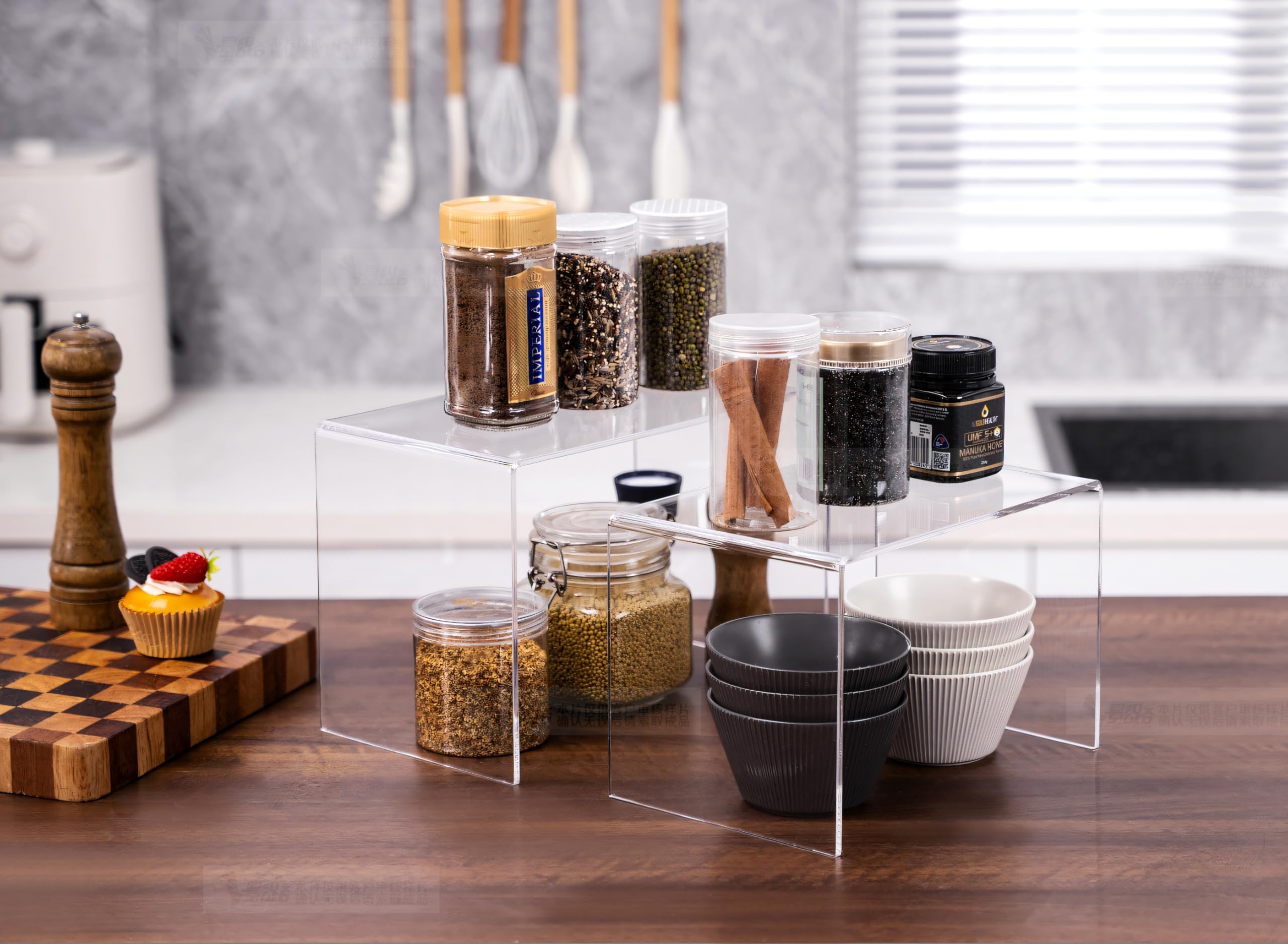 CLAY TONIC Durable 1 grand présentoir en acrylique transparent de 5 mm d'épaisseur pour organisateur et rangement de cuisine, présentation de nourriture, garde-manger, étagère de vente au détail (1