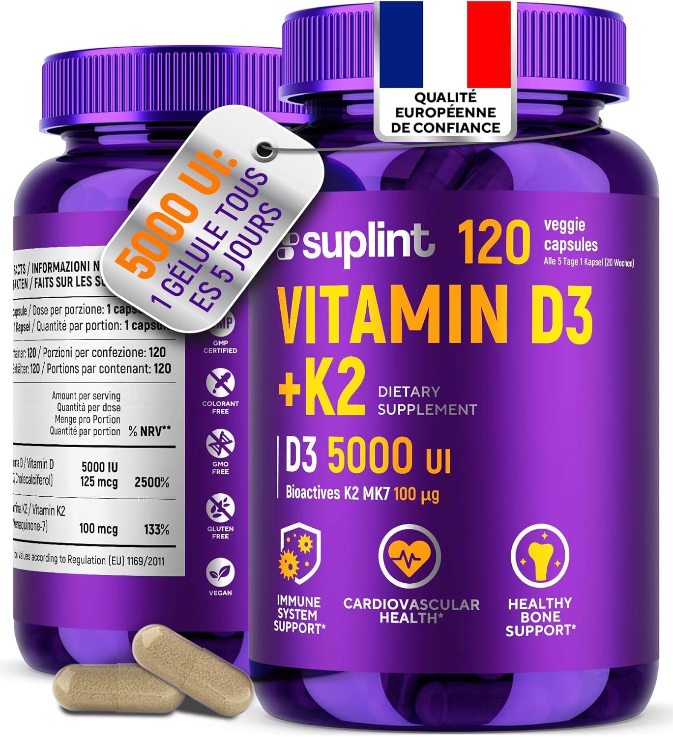Vitamin D3 K2 High Dose – 5000 IU Vitamin D + 100 µg K2 MK-7 – 120 Vegan Capsules – Developed in the Netherlands – GMP Certified & Lab Tested – Support Bone, Teeth & Immunity