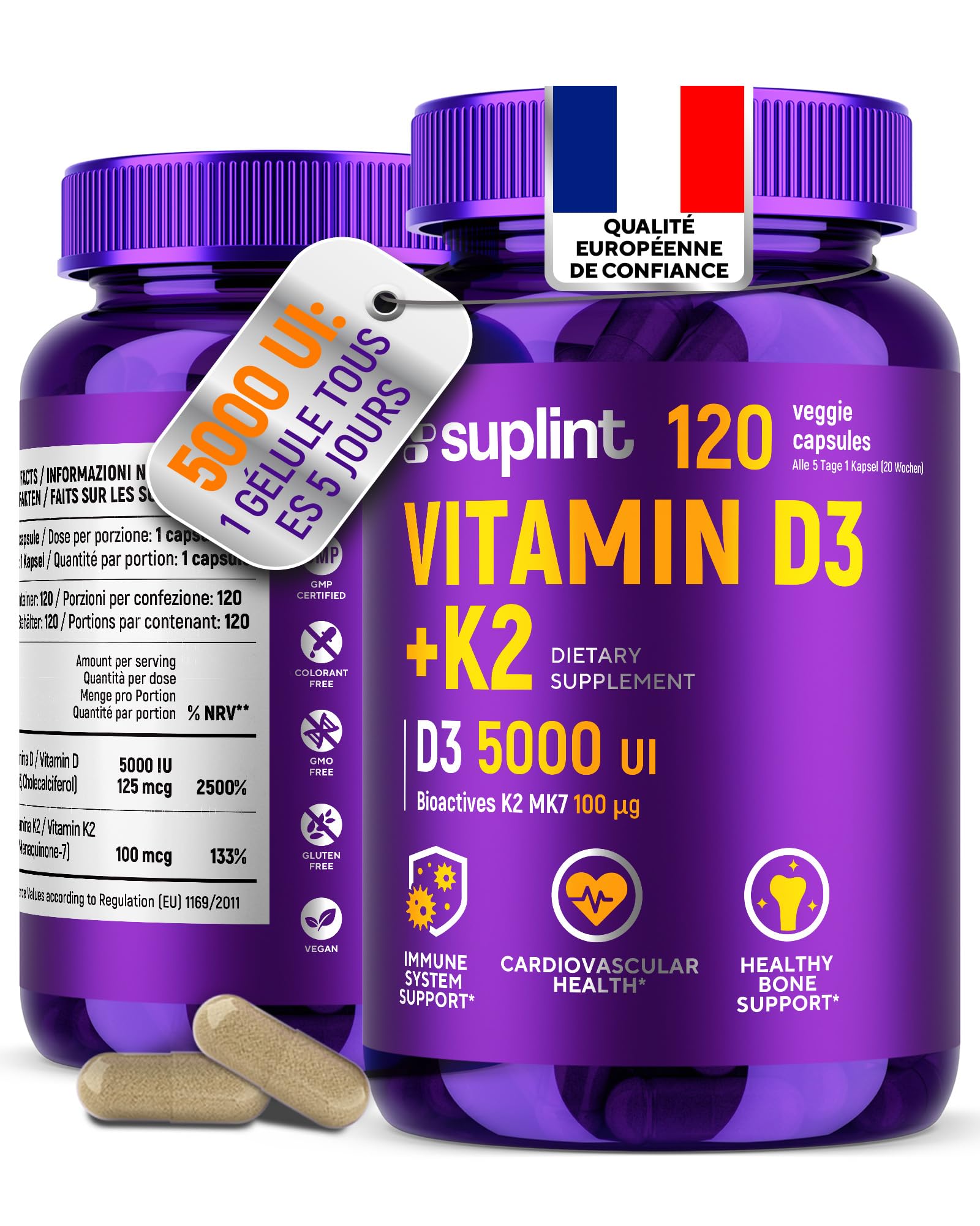 Vitamines K2 (MK7) + D3 5000 UI - 30 à 120 Capsules Végétales, Sans Gluten, Date Péremption 02/2027