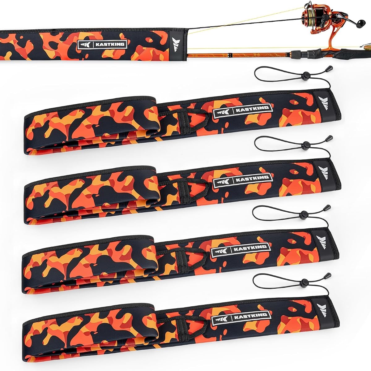 KastKing MeshGuard Camo - Mangas para caña de pescar, se adapta a cañas de fundición y spinning | Diseño flotante, protección de neopreno grueso, resistente a ganchos y defensa UV, cordón ajustable y lazo para colgar incorporado