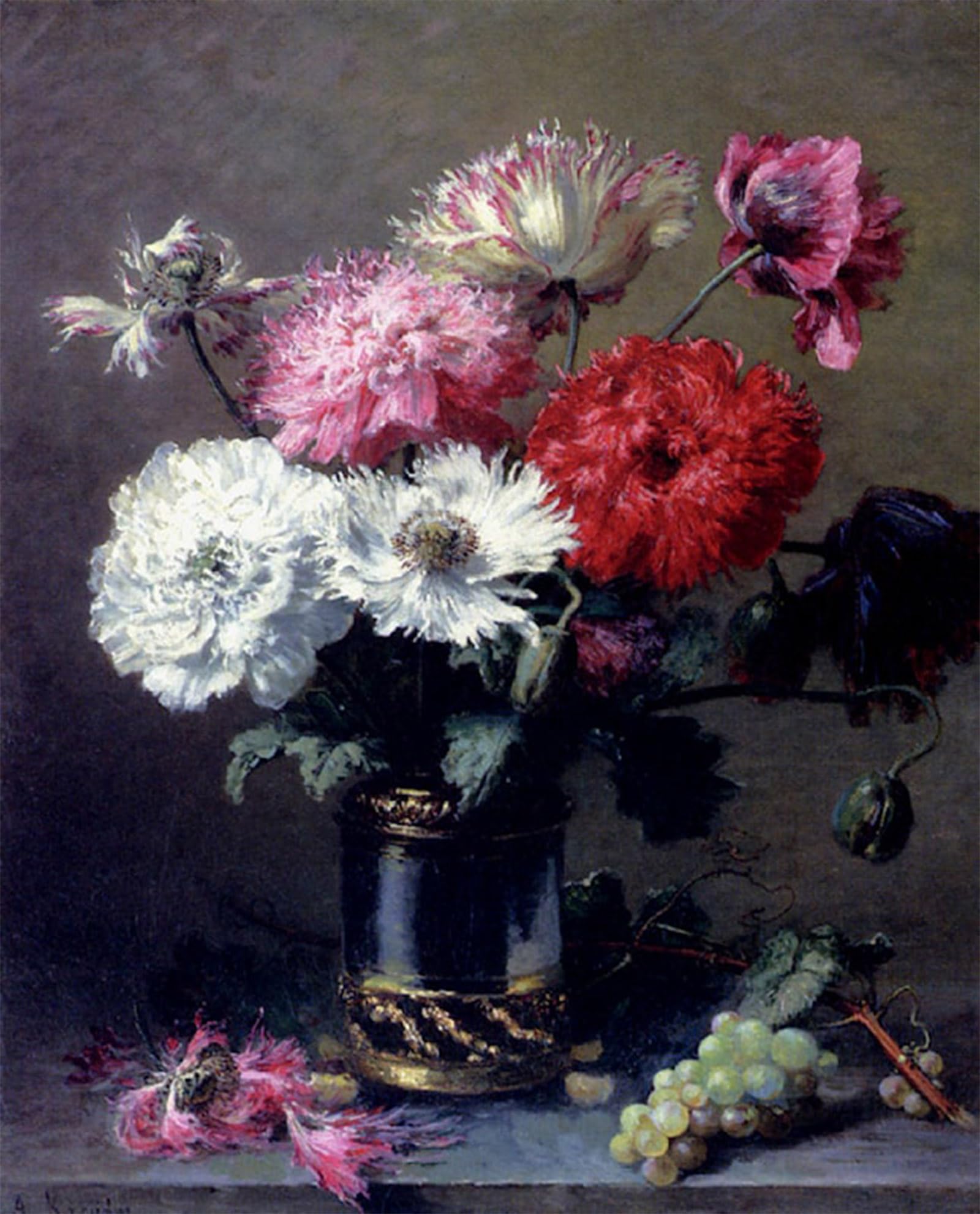 Artxlxxbn No Frame Famous Painting Canvas Artwork Graffiti Print Poppies In A Metal Vase With A Bunch Of Grapes On A Table Kreijder Portrait Canvas Image For Home Decor 60X90cm