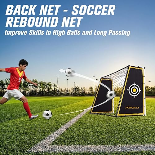 Miniatura 3 de PodiuMax Portería de fútbol 4 en 1 y rebote, red de rebote de 7 x 5 pies con marco mejorado, red de paso de tierra de acero para campo de parque