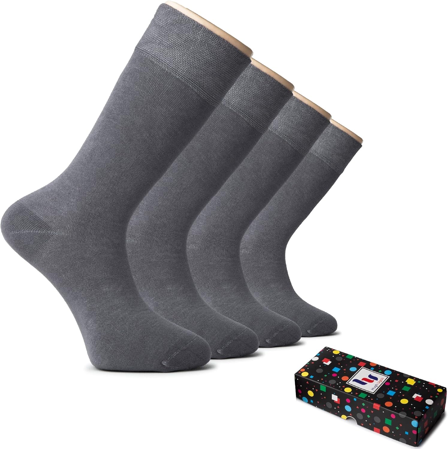 Hugh Ugoli Men's Rayon Derived from Bamboo Dress Socks for Business & Trouser, Thin & Seamless Crew Socks, 4 Pairs Size 8-12