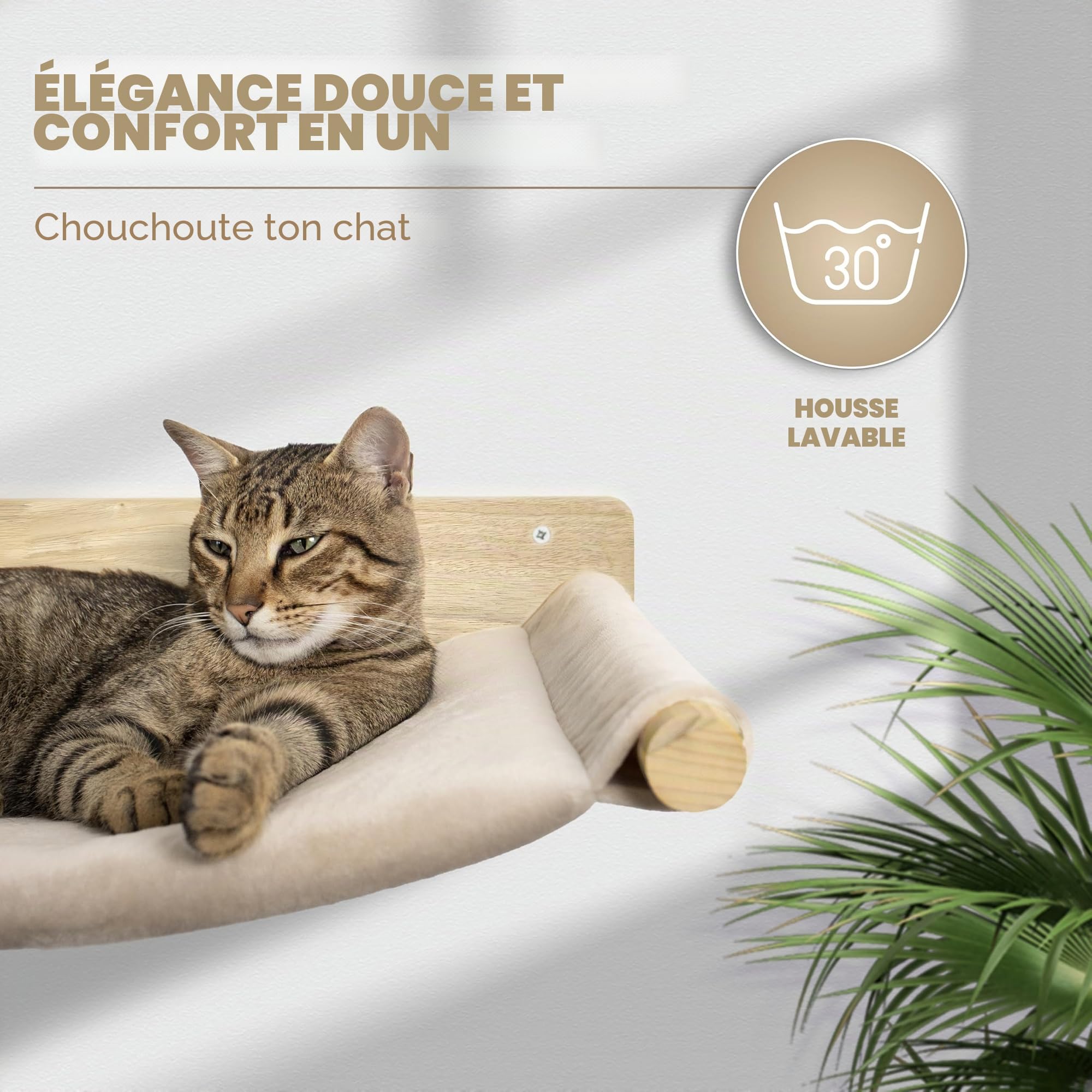 WOOWOOD Arbre à Chat Mural avec hamac, 2 escaliers muraux, Parcours Mural pour Chat intérieur, Bois, Naturel foncé